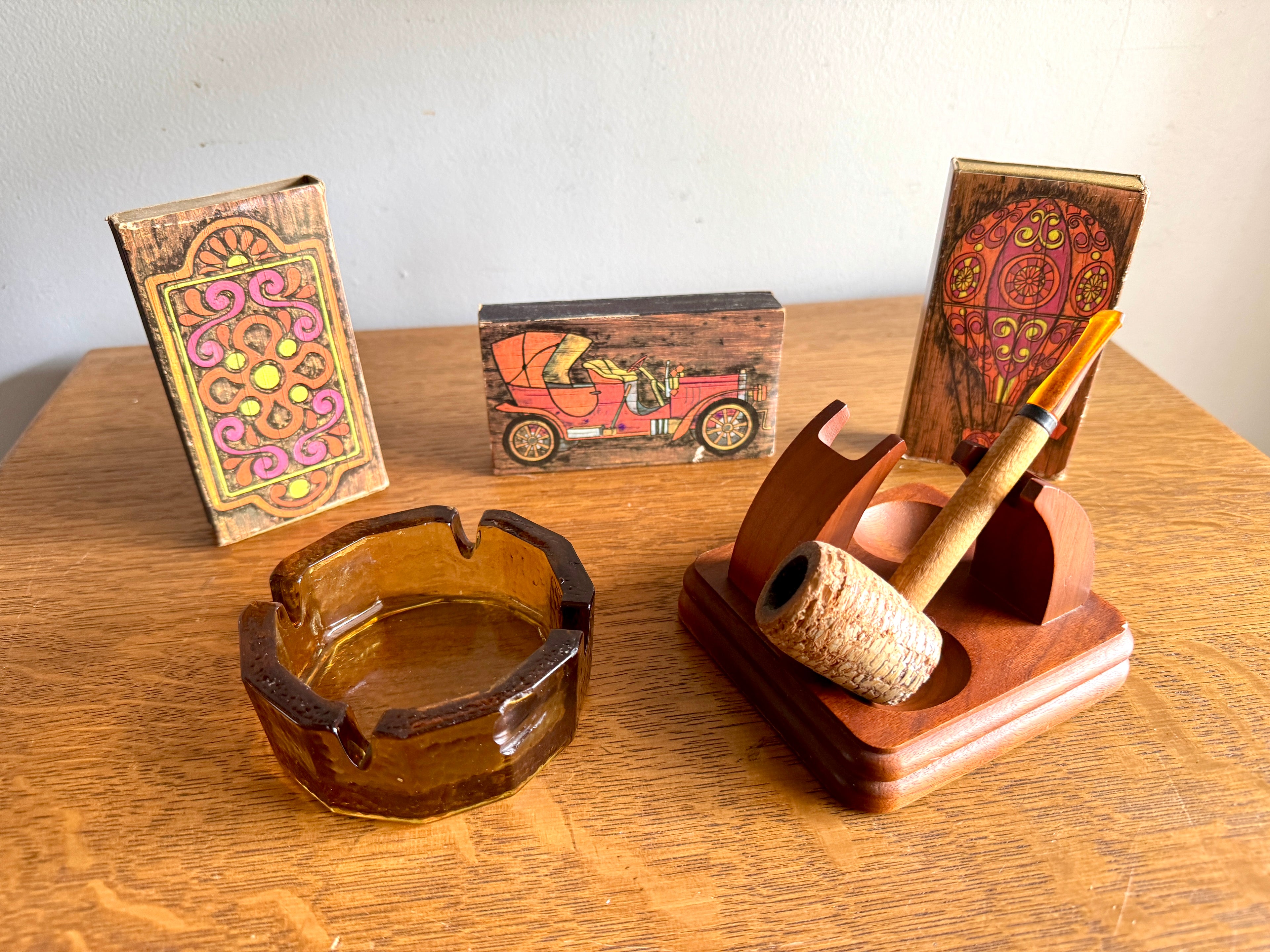 60's-70's Fairfax Pipe Stand, Amber Glass Ashtray, Pipe and 3 Ohio Match Co. Matchboxes