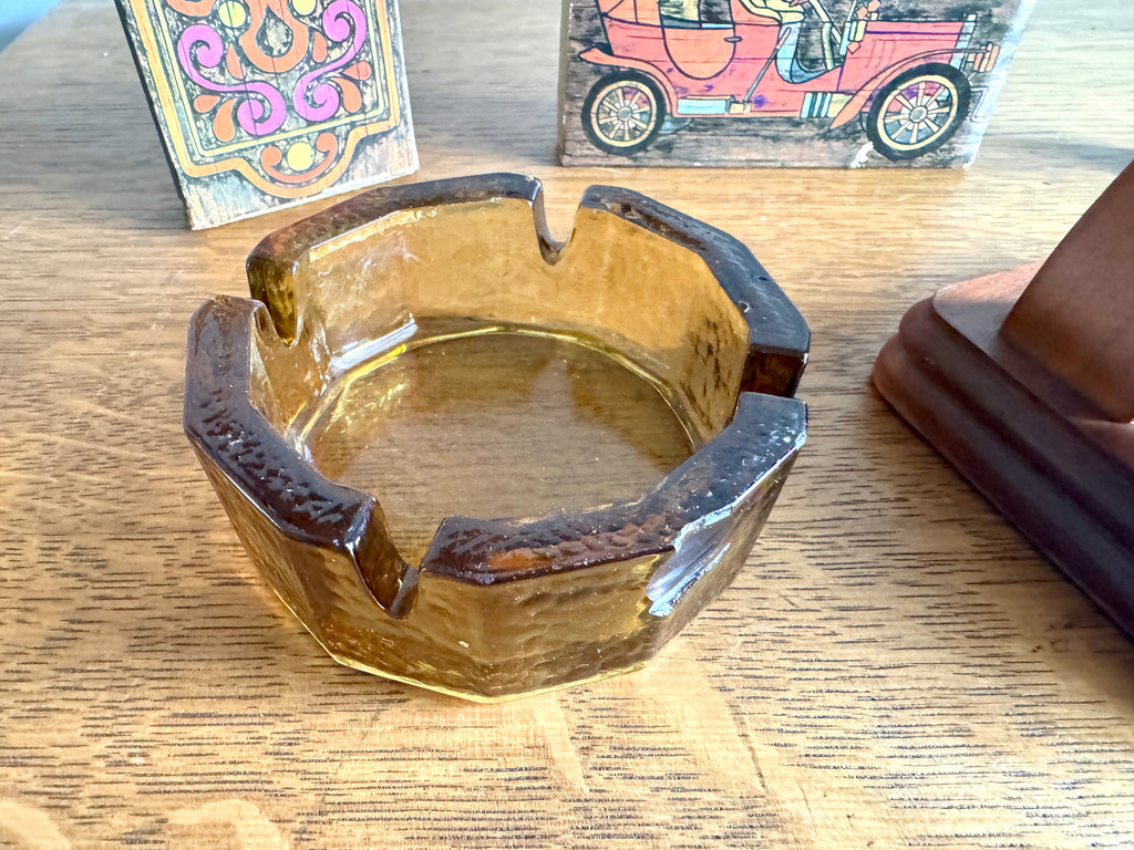 60's-70's Fairfax Pipe Stand, Amber Glass Ashtray, Pipe and 3 Ohio Match Co. Matchboxes