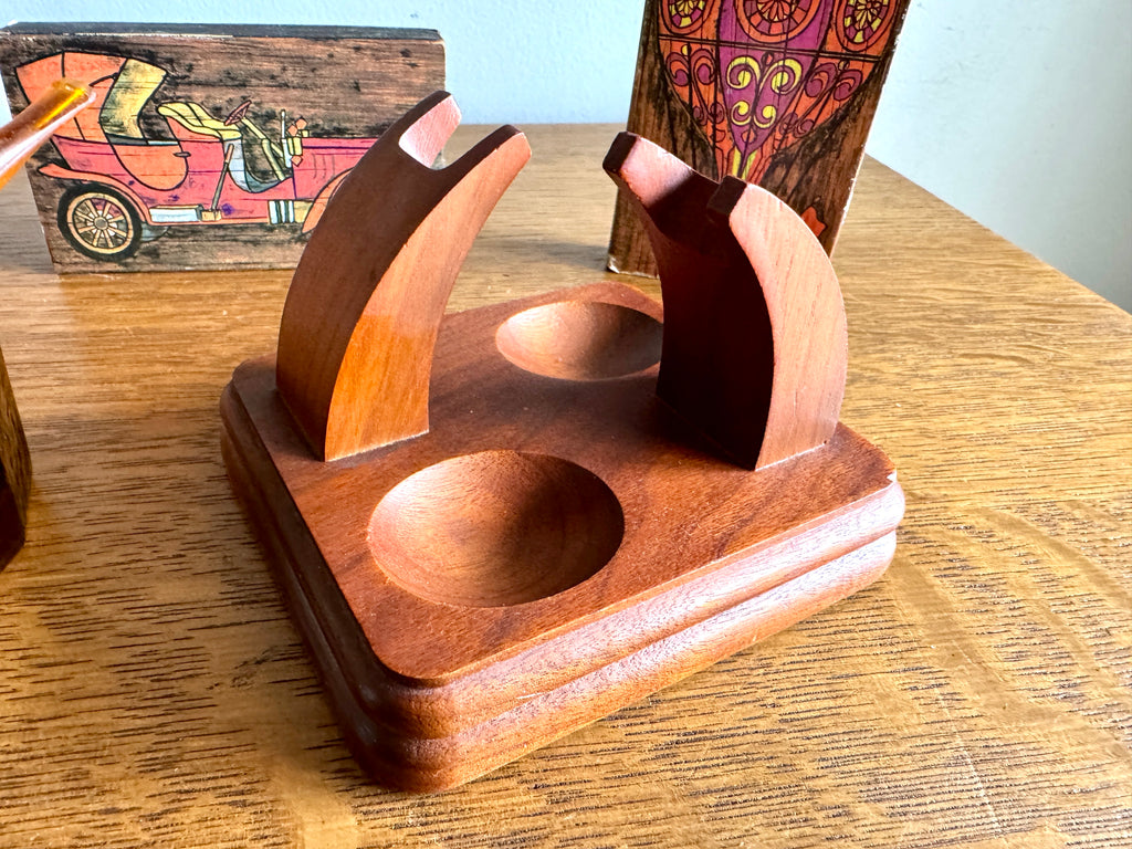 60's-70's Fairfax Pipe Stand, Amber Glass Ashtray, Pipe and 3 Ohio Match Co. Matchboxes