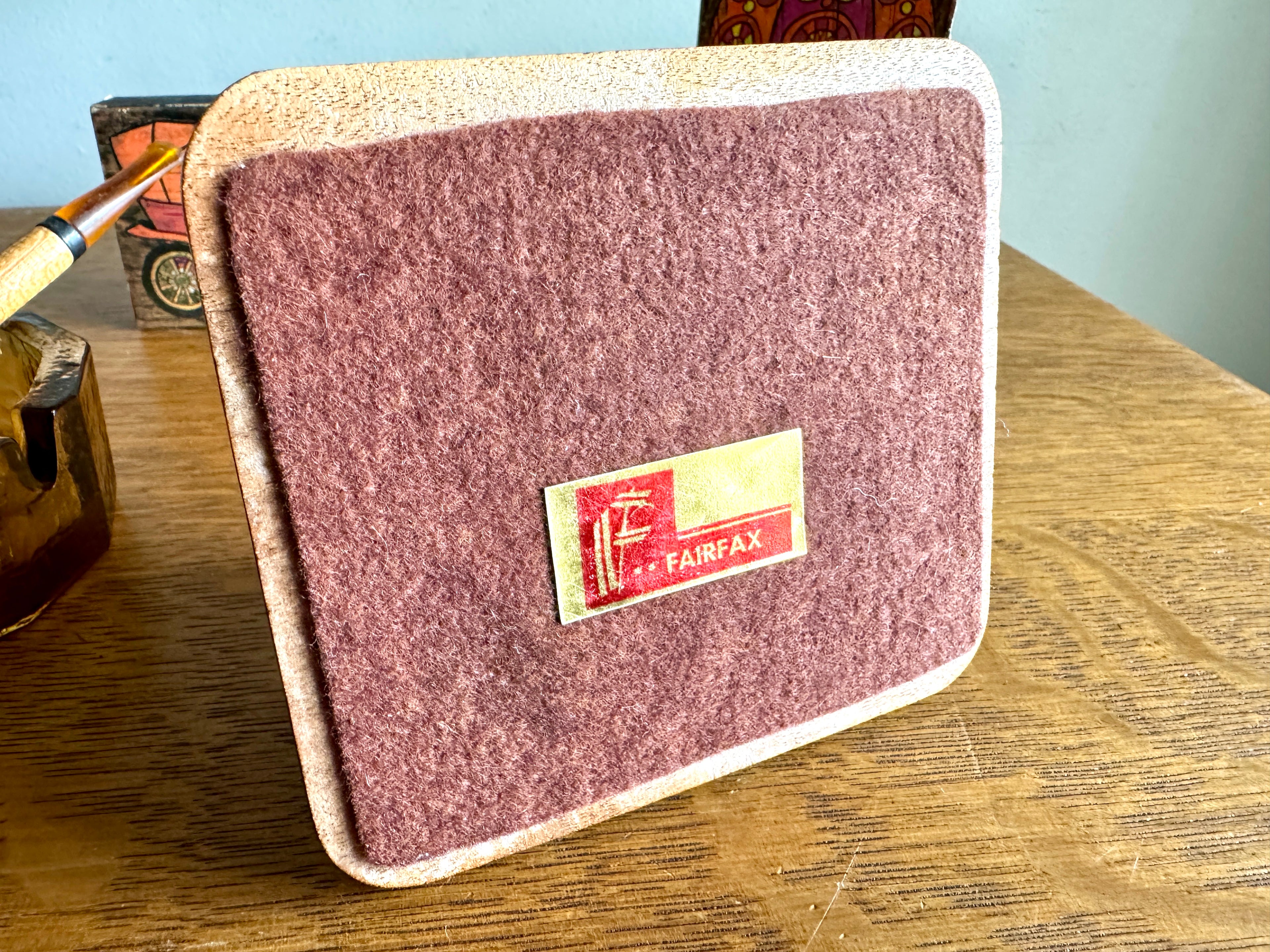 60's-70's Fairfax Pipe Stand, Amber Glass Ashtray, Pipe and 3 Ohio Match Co. Matchboxes