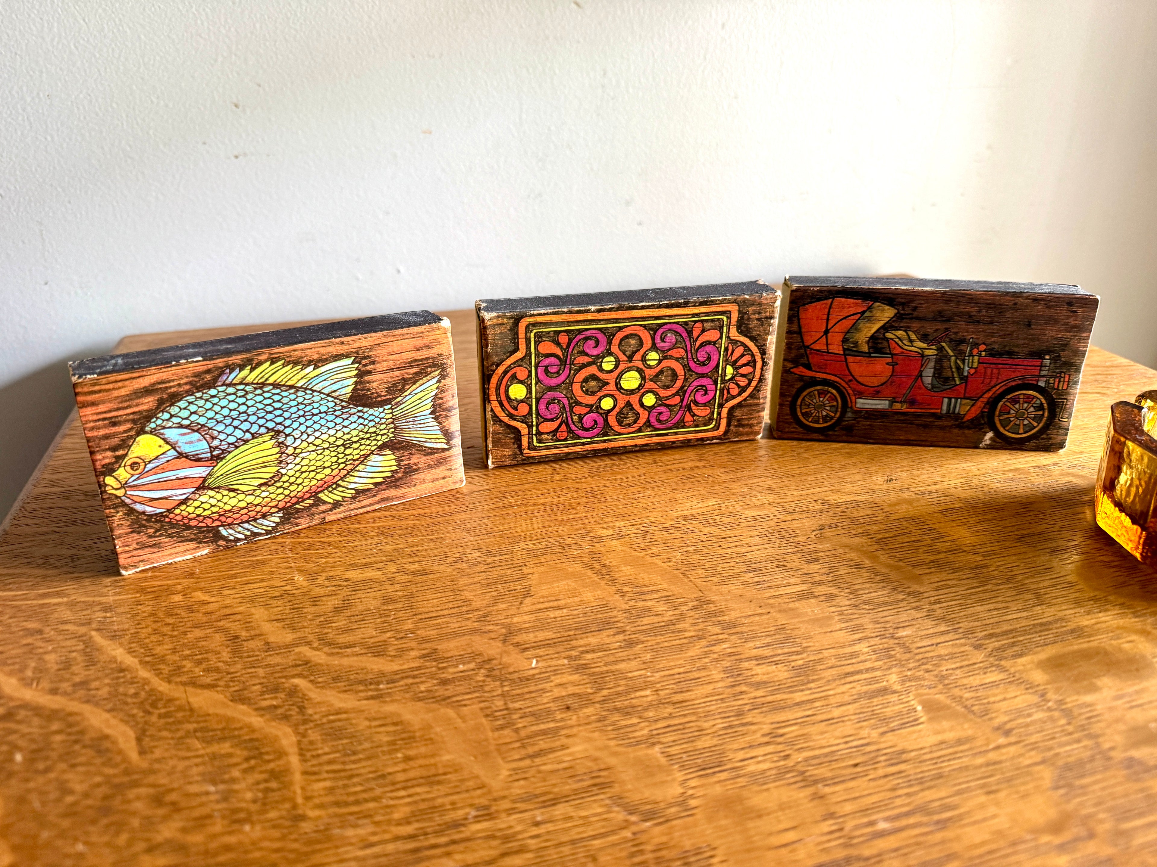 60's-70's Fairfax Pipe Stand, Amber Glass Ashtray, Pipe and 3 Ohio Match Co. Matchboxes