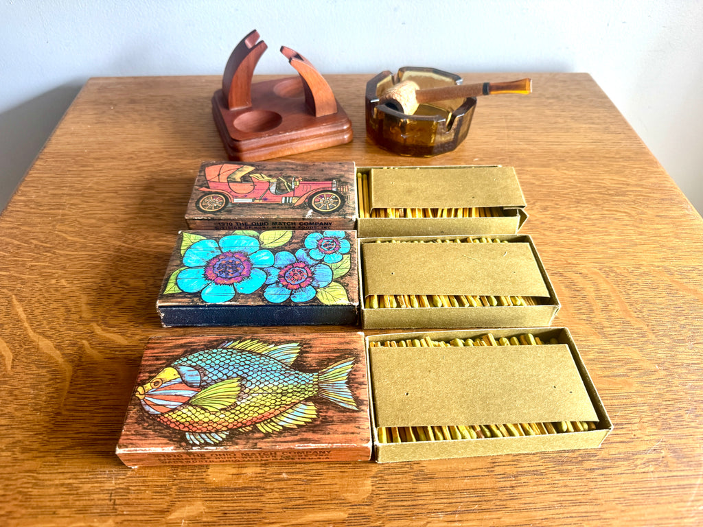 60's-70's Fairfax Pipe Stand, Amber Glass Ashtray, Pipe and 3 Ohio Match Co. Matchboxes