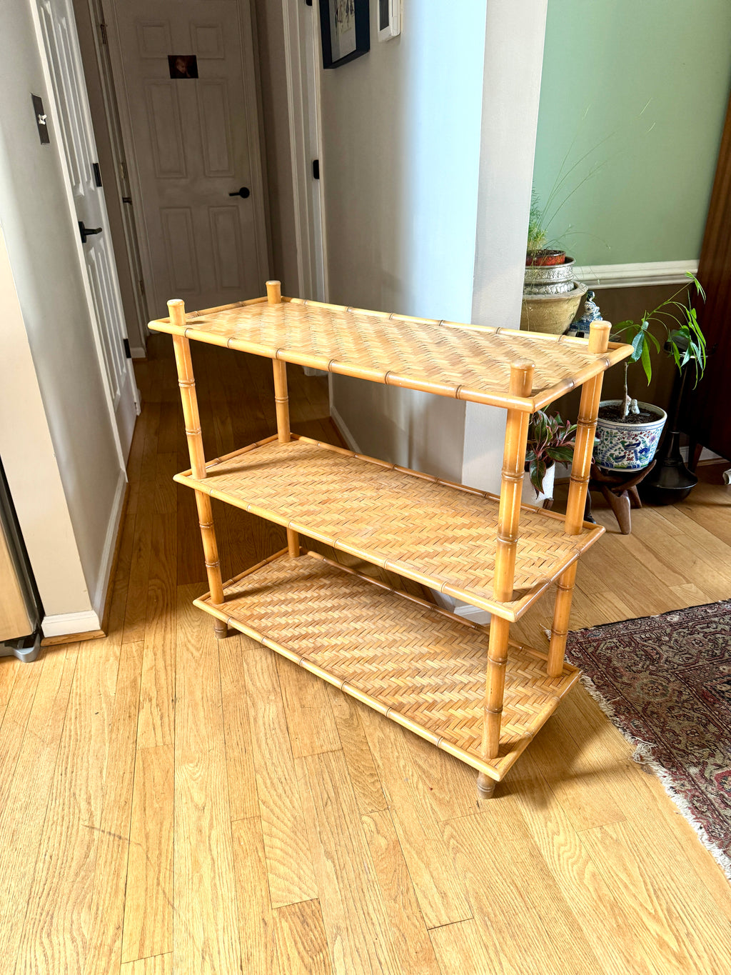 1960s Three Tiered Bamboo and Rattan Shelf | Clipper Industries Etagere Shelves