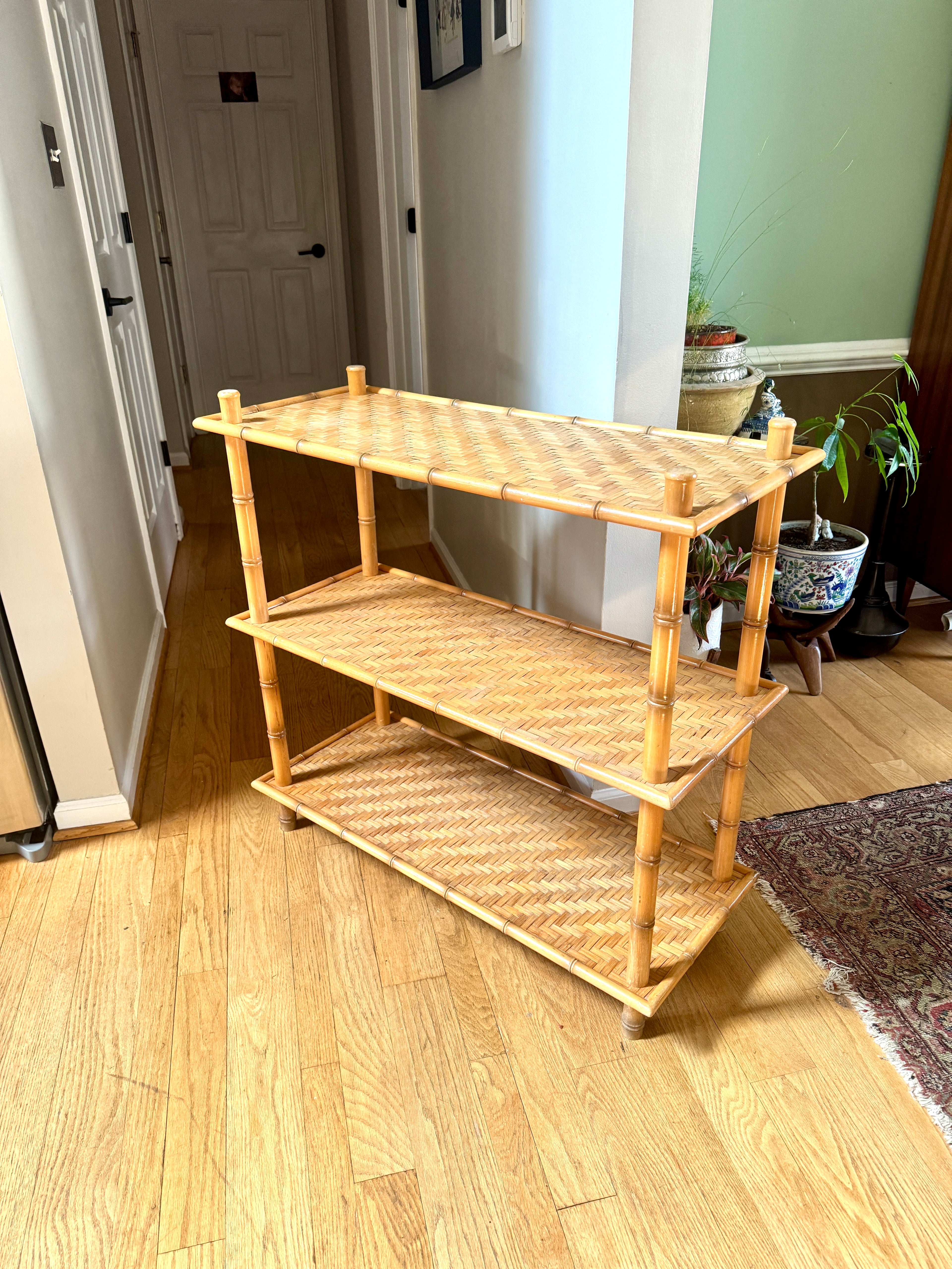 1960s Three Tiered Bamboo and Rattan Shelf | Clipper Industries Etagere Shelves