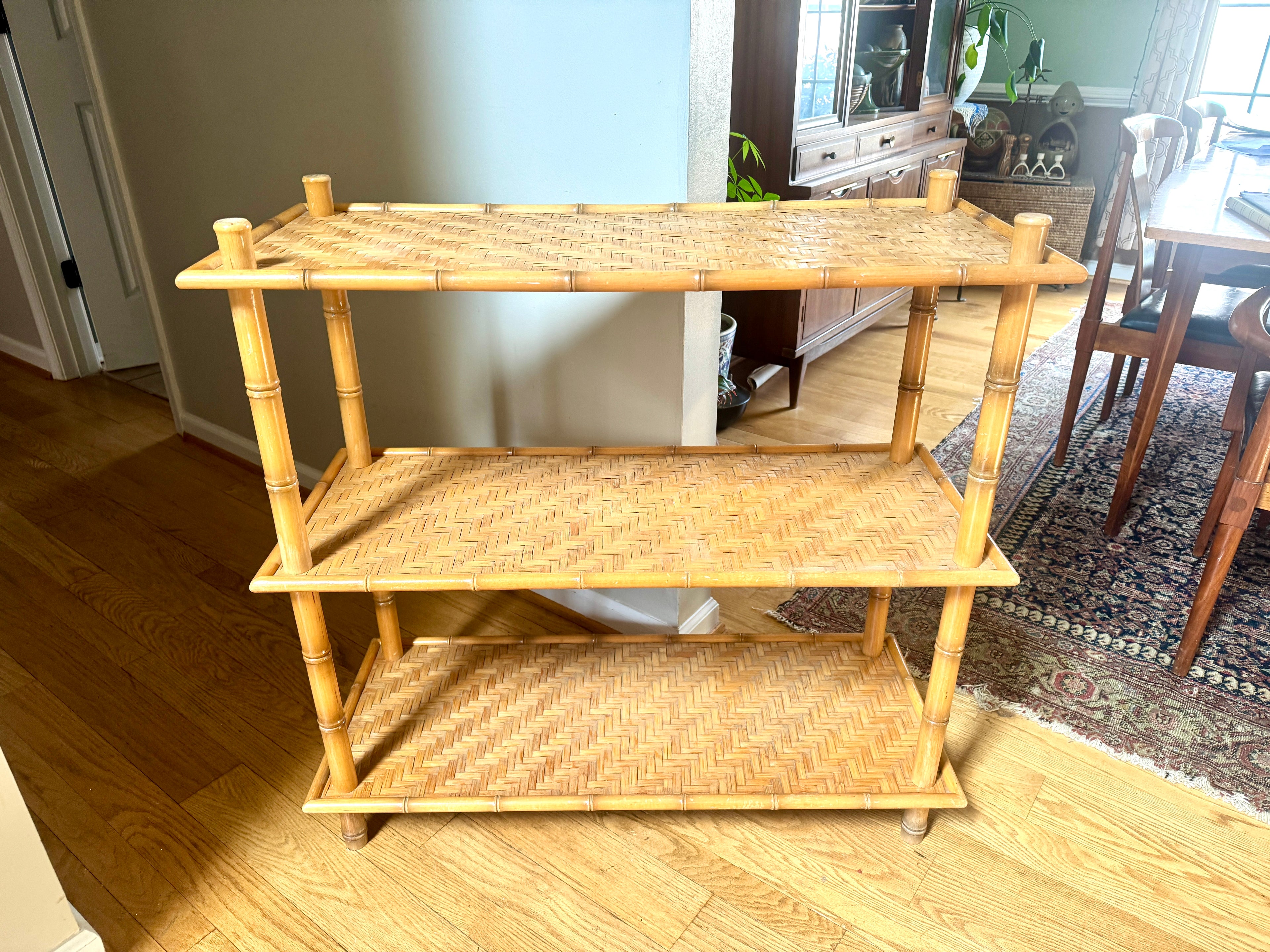 1960s Three Tiered Bamboo and Rattan Shelf | Clipper Industries Etagere Shelves