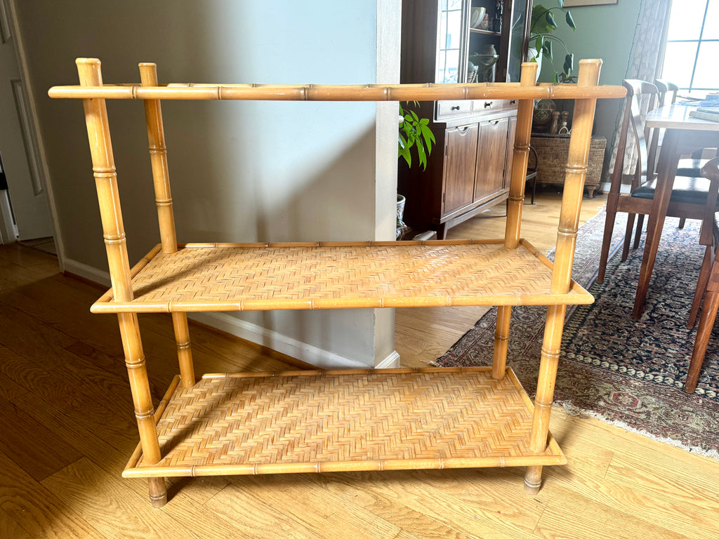 1960s Three Tiered Bamboo and Rattan Shelf | Clipper Industries Etagere Shelves