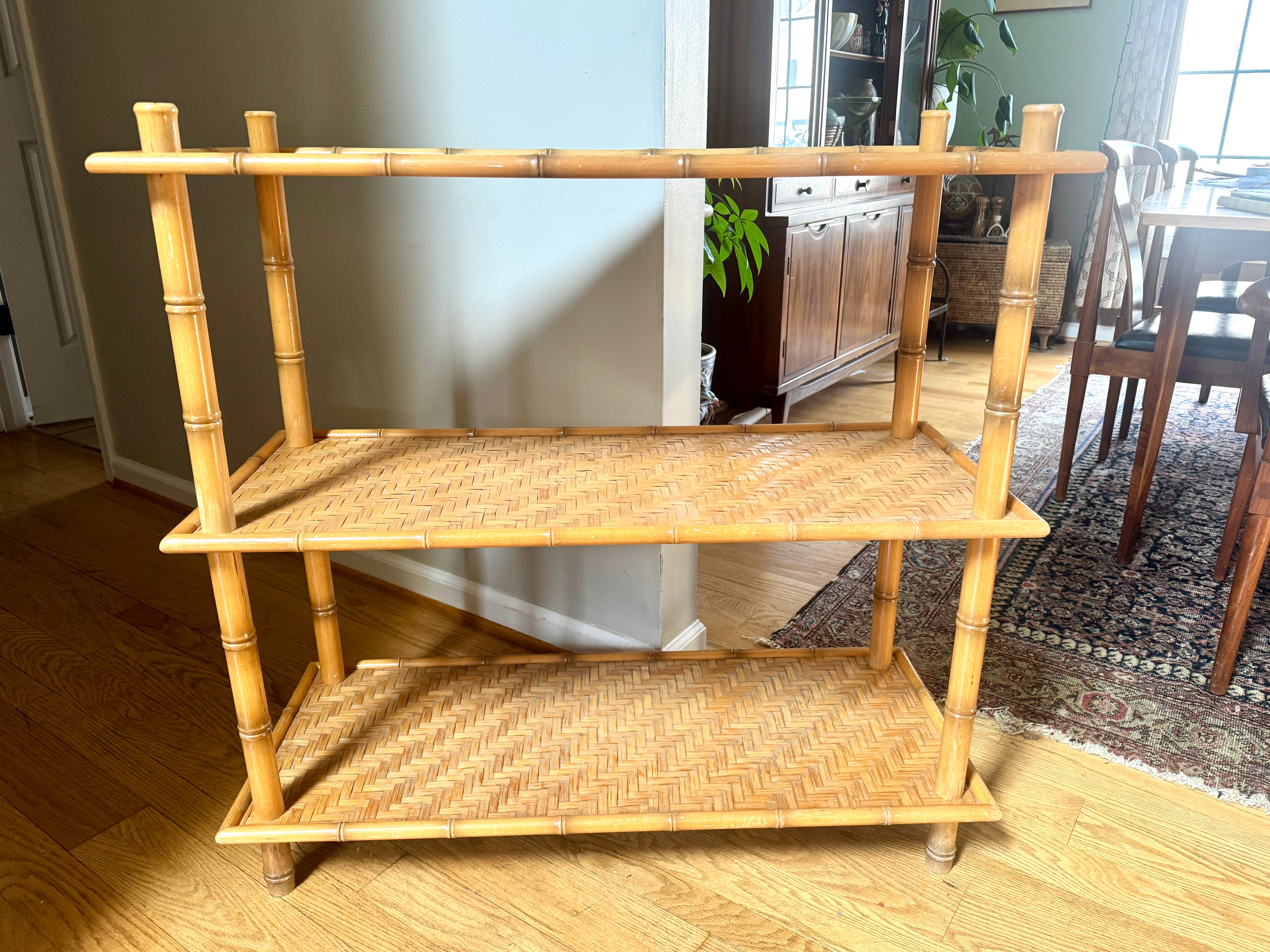 1960s Three Tiered Bamboo and Rattan Shelf | Clipper Industries Etagere Shelves
