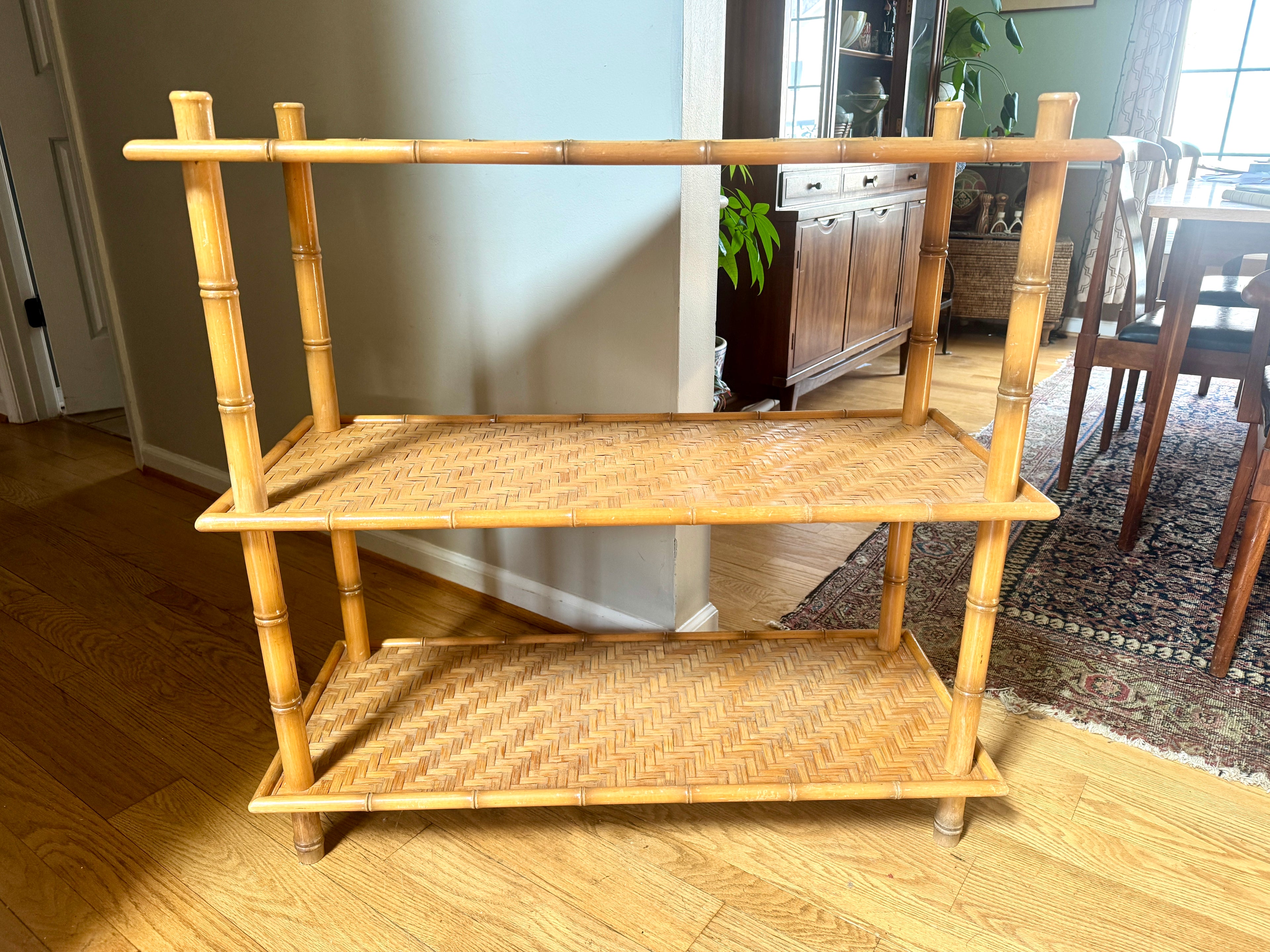 1960s Three Tiered Bamboo and Rattan Shelf | Clipper Industries Etagere Shelves