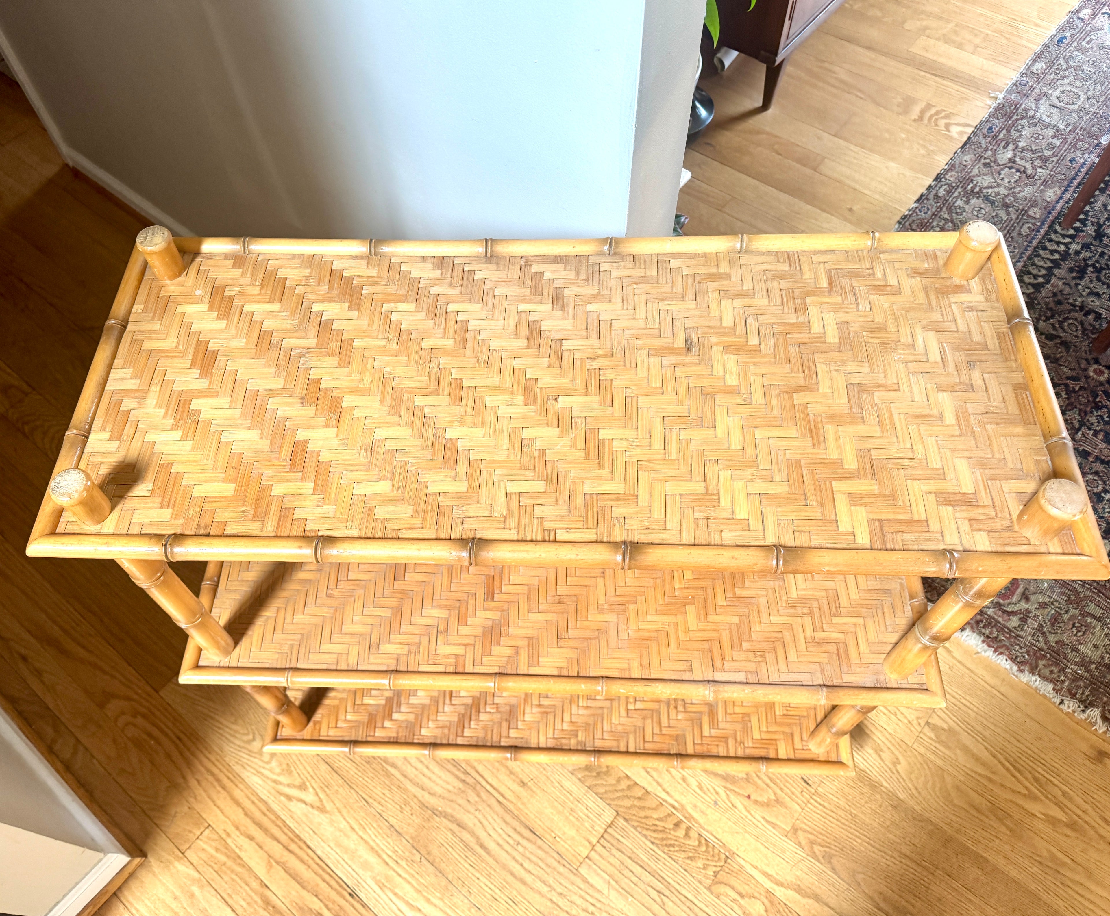1960s Three Tiered Bamboo and Rattan Shelf | Clipper Industries Etagere Shelves