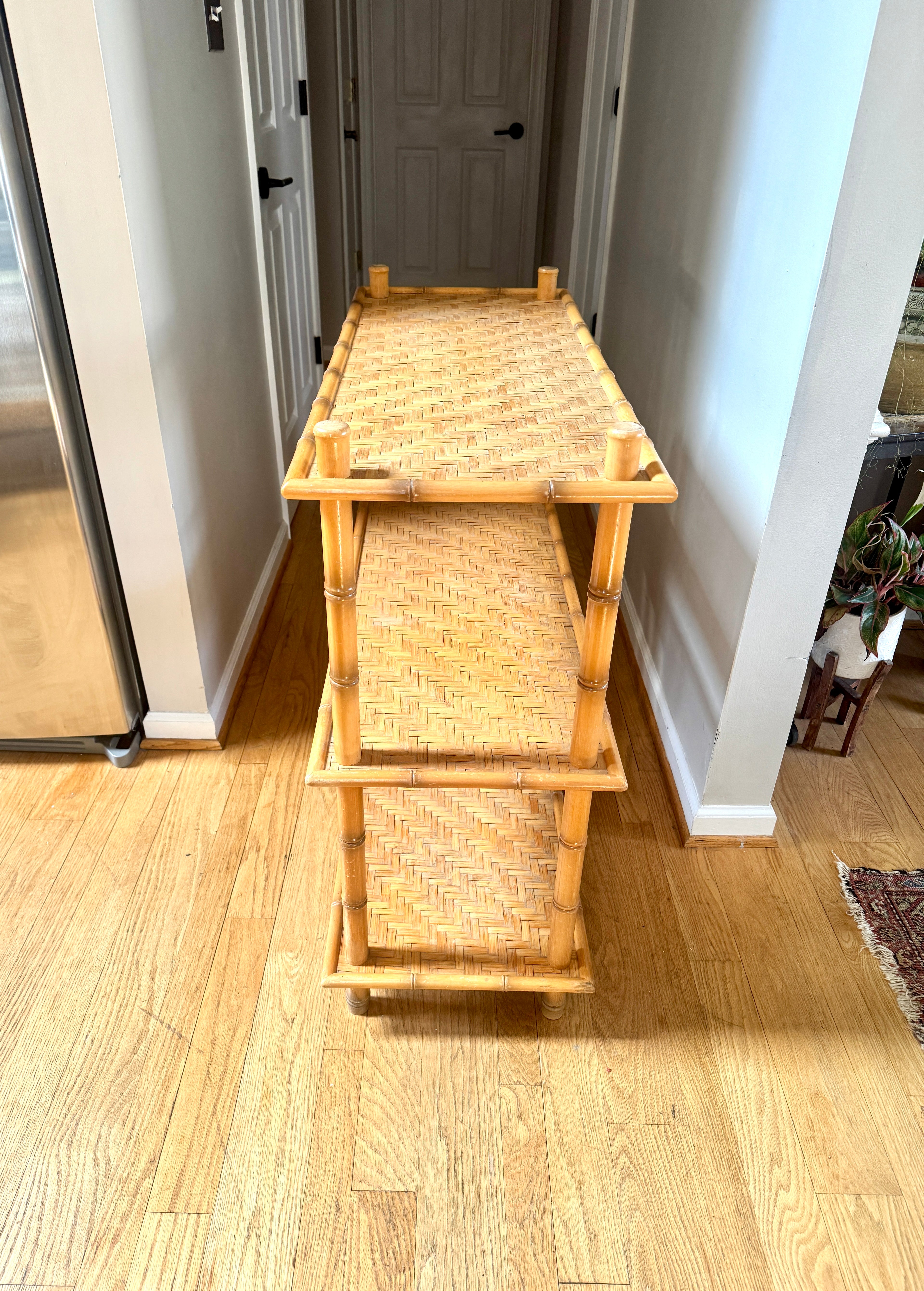 1960s Three Tiered Bamboo and Rattan Shelf | Clipper Industries Etagere Shelves