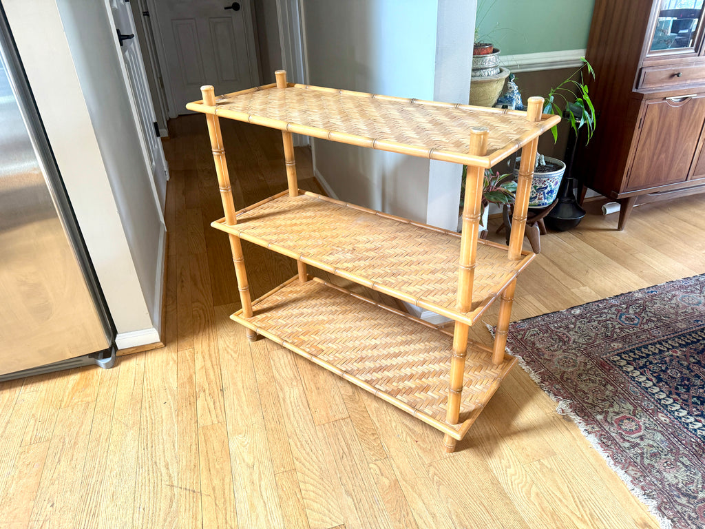 1960s Three Tiered Bamboo and Rattan Shelf | Clipper Industries Etagere Shelves