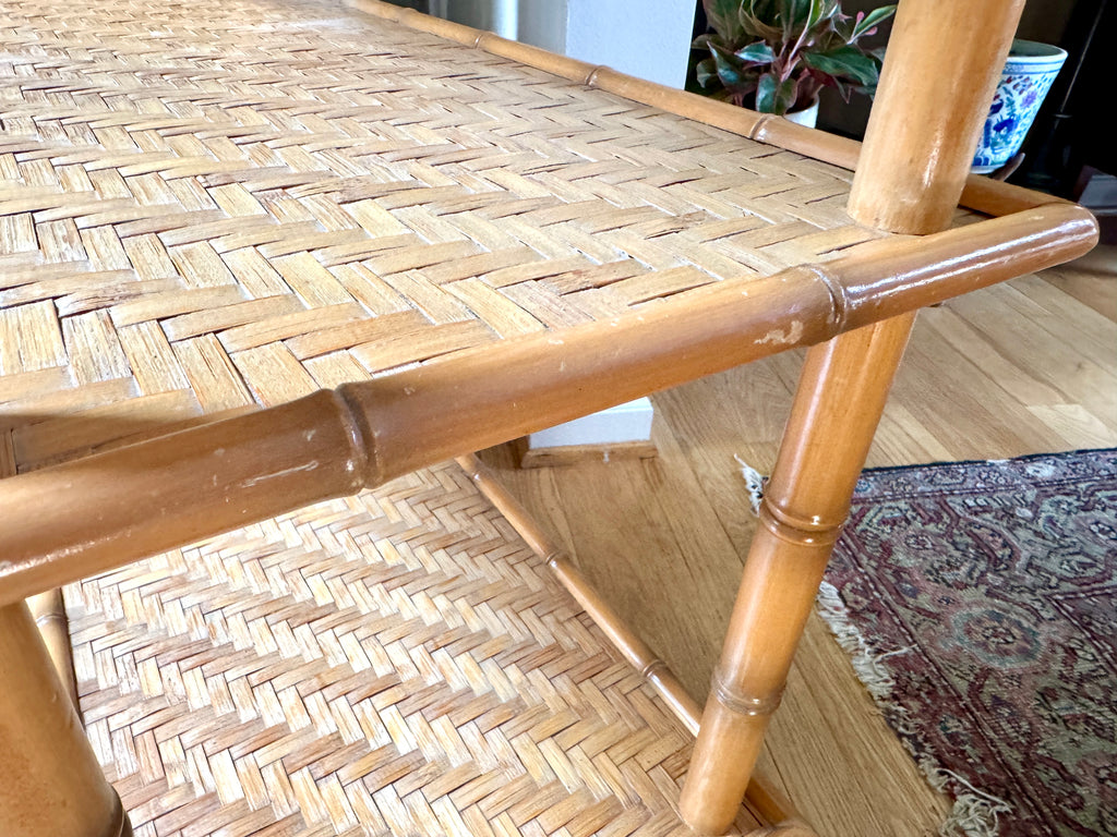 1960s Three Tiered Bamboo and Rattan Shelf | Clipper Industries Etagere Shelves