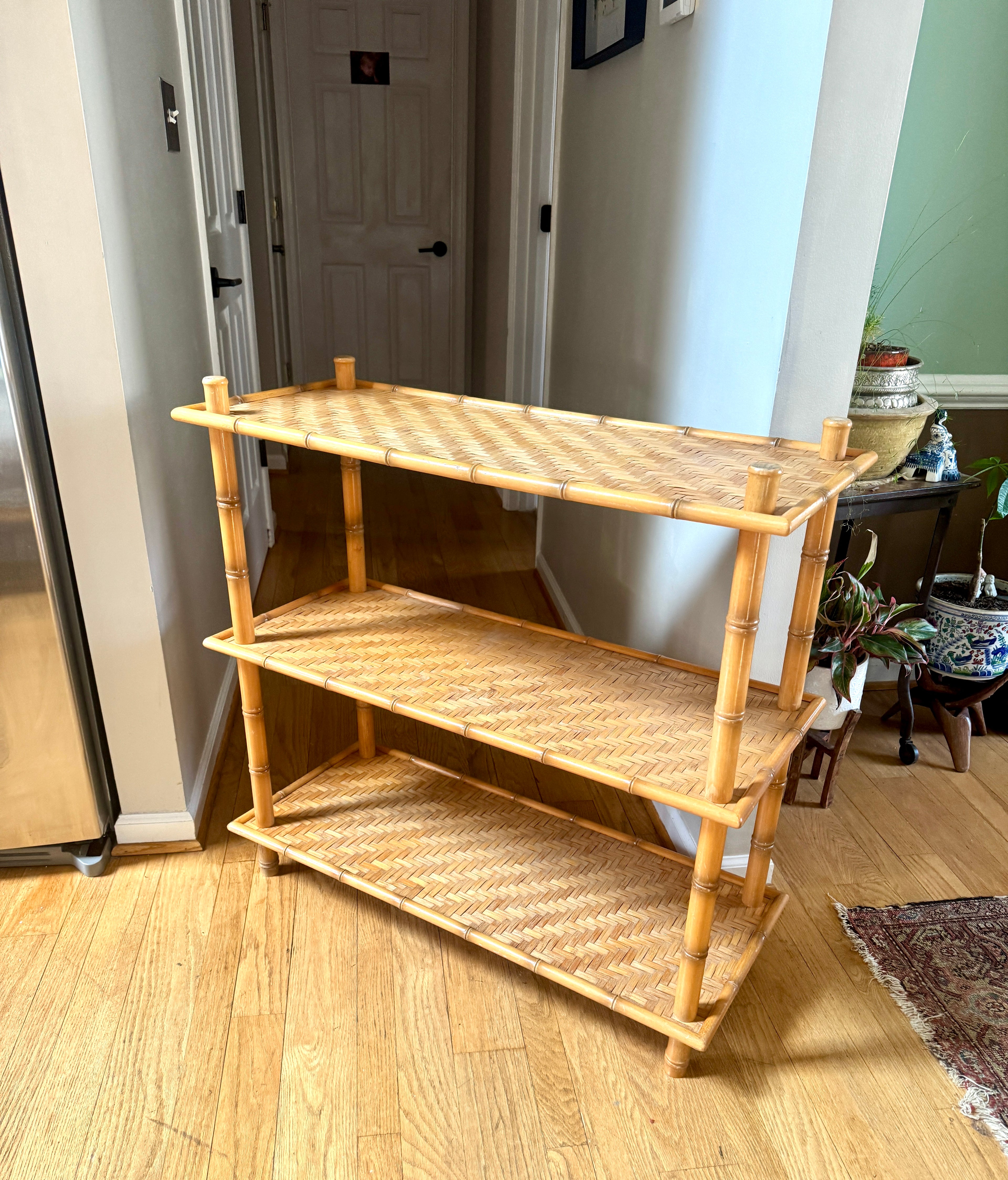 1960s Three Tiered Bamboo and Rattan Shelf | Clipper Industries Etagere Shelves