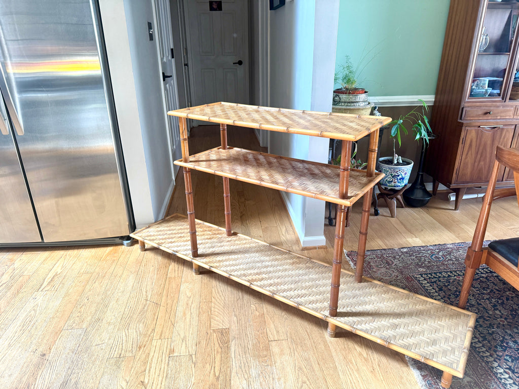 1960s Three Tiered Bamboo and Rattan Console Shelf | Clipper Industries Etagere Console Table