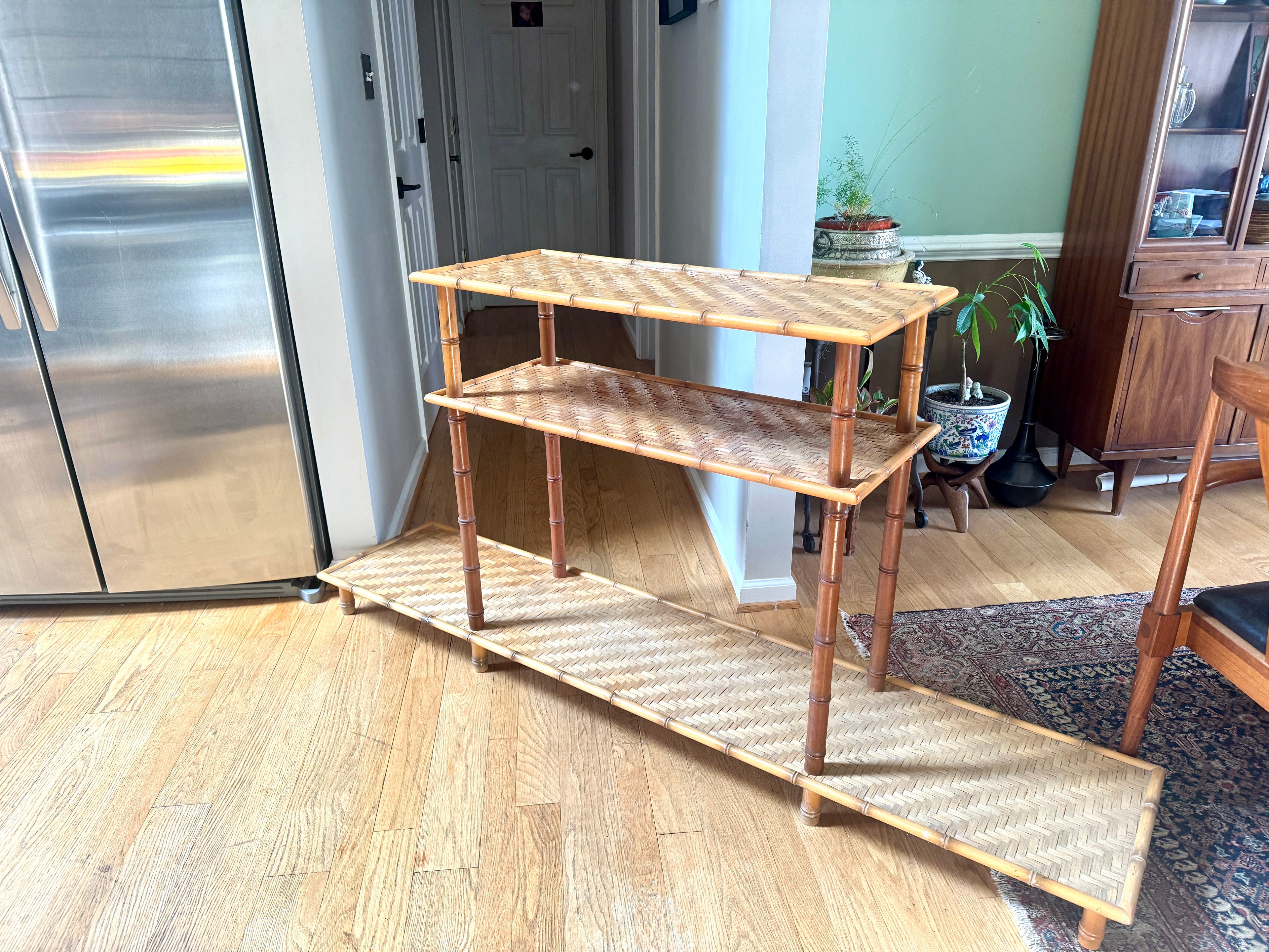 1960s Three Tiered Bamboo and Rattan Console Shelf | Clipper Industries Etagere Console Table