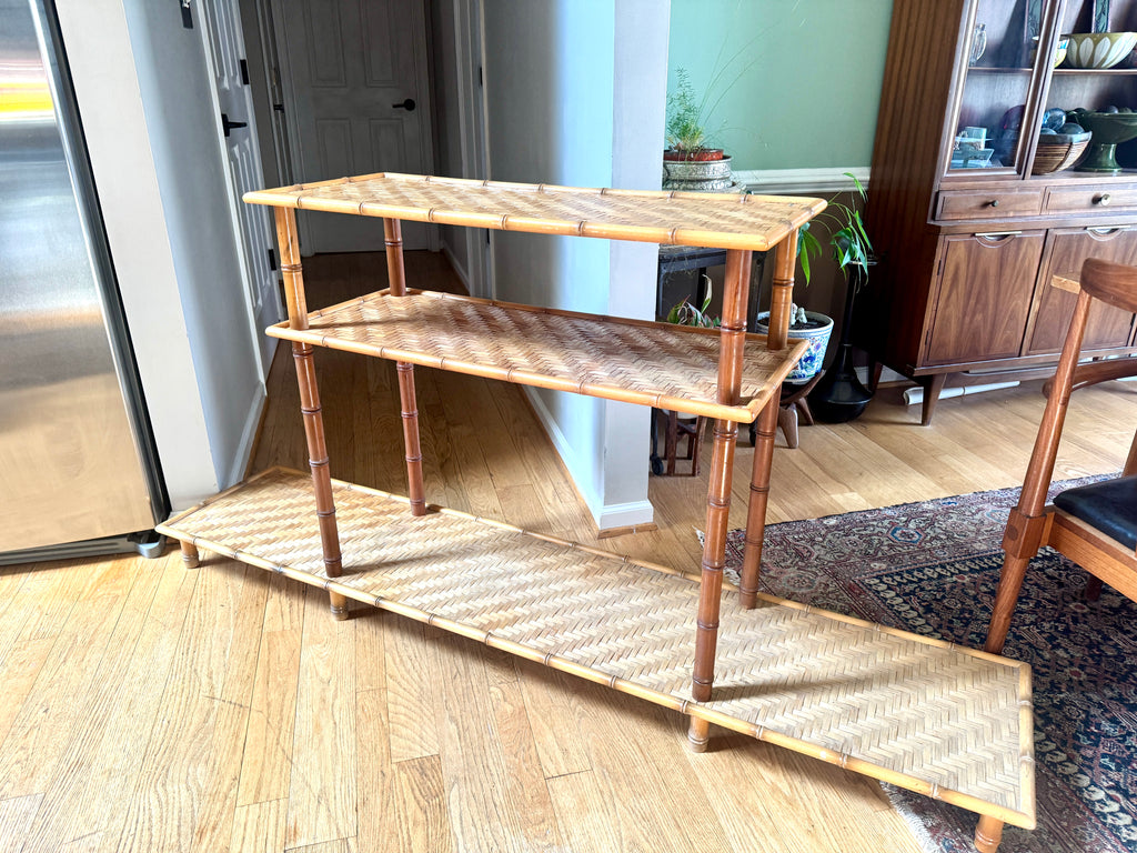 1960s Three Tiered Bamboo and Rattan Console Shelf | Clipper Industries Etagere Console Table