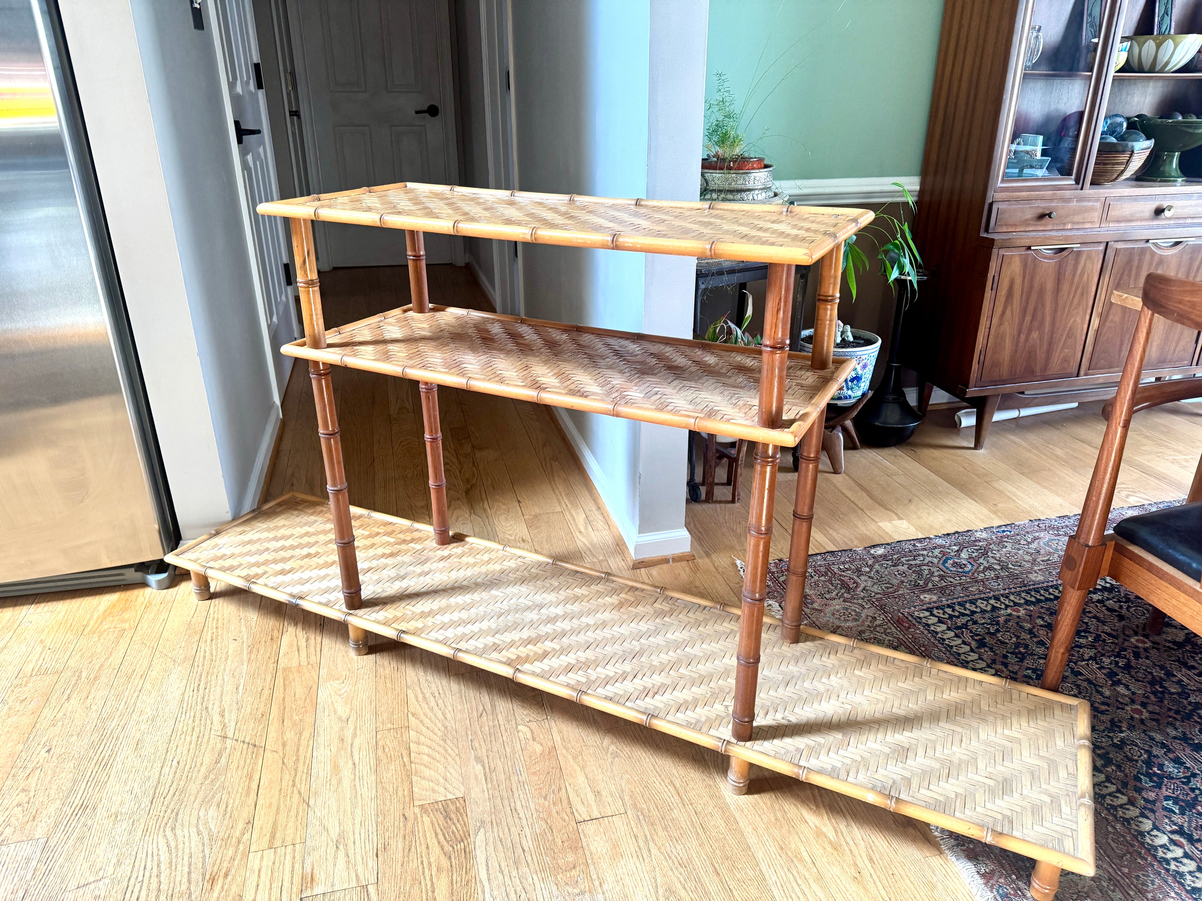 1960s Three Tiered Bamboo and Rattan Console Shelf | Clipper Industries Etagere Console Table