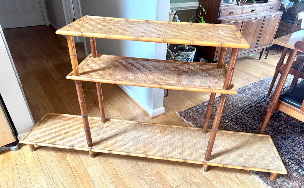 1960s Three Tiered Bamboo and Rattan Console Shelf | Clipper Industries Etagere Console Table