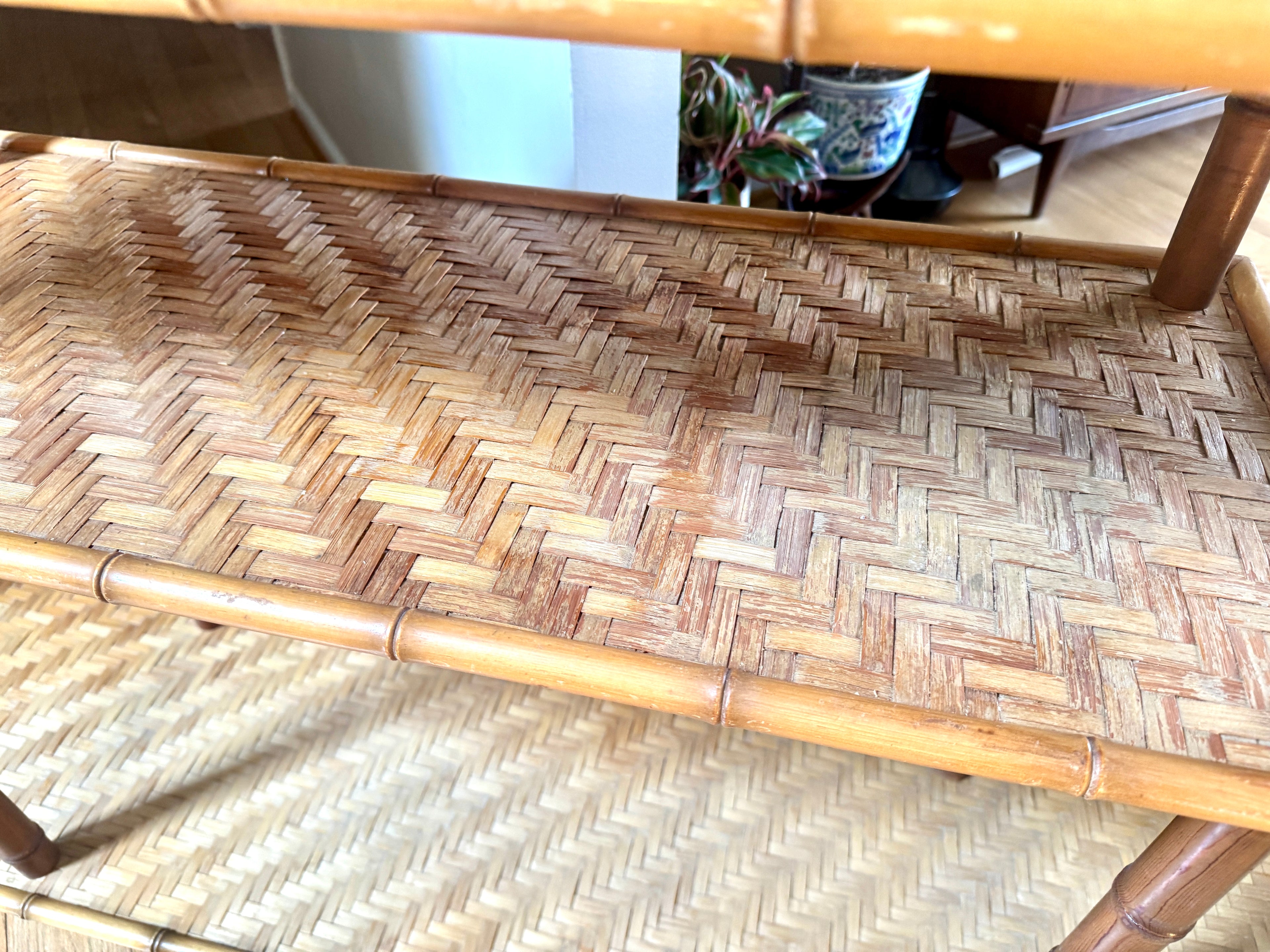 1960s Three Tiered Bamboo and Rattan Console Shelf | Clipper Industries Etagere Console Table