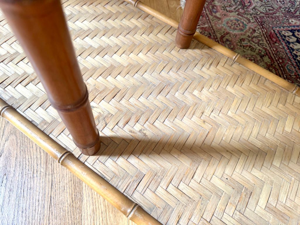 1960s Three Tiered Bamboo and Rattan Console Shelf | Clipper Industries Etagere Console Table