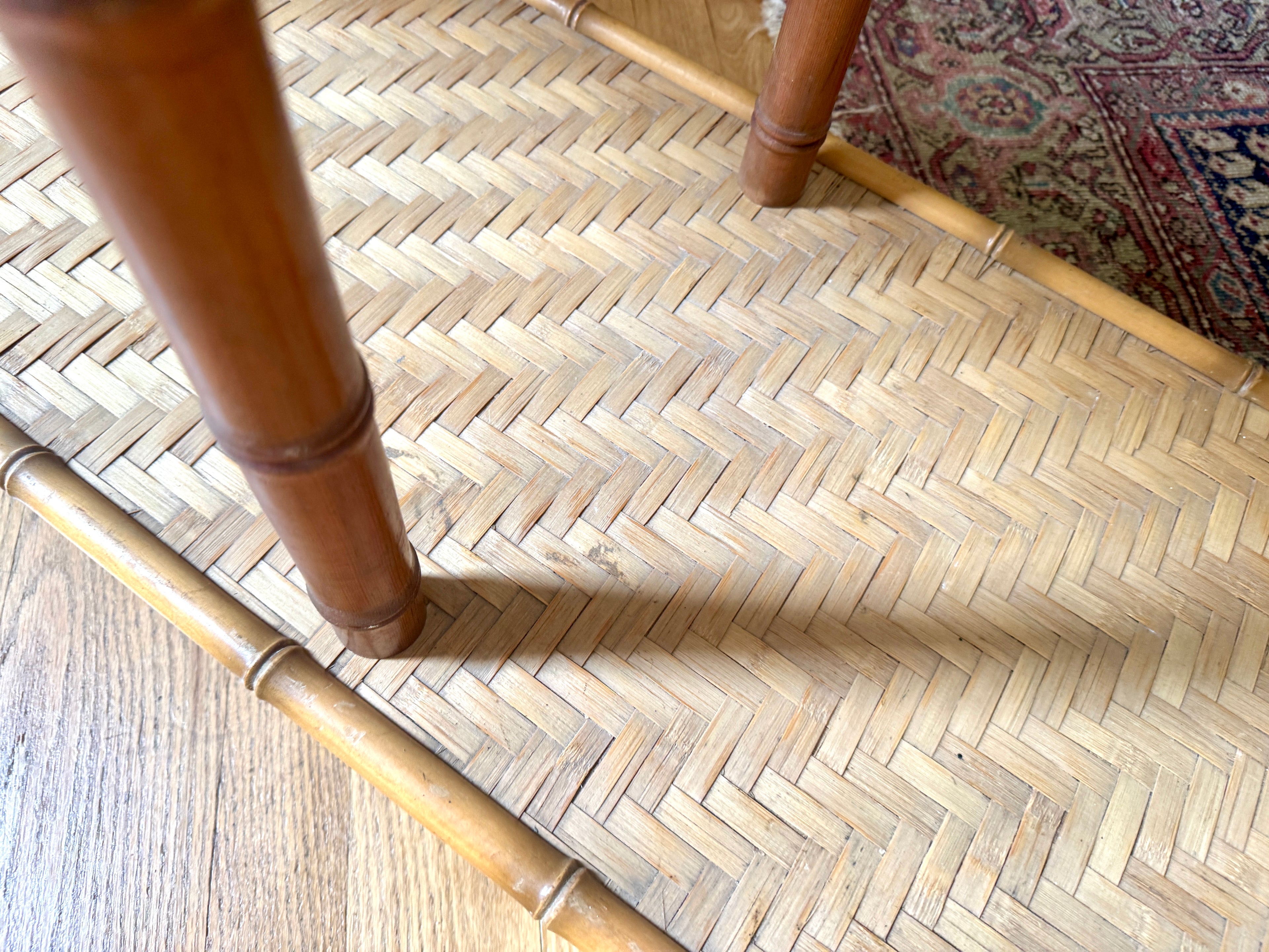 1960s Three Tiered Bamboo and Rattan Console Shelf | Clipper Industries Etagere Console Table