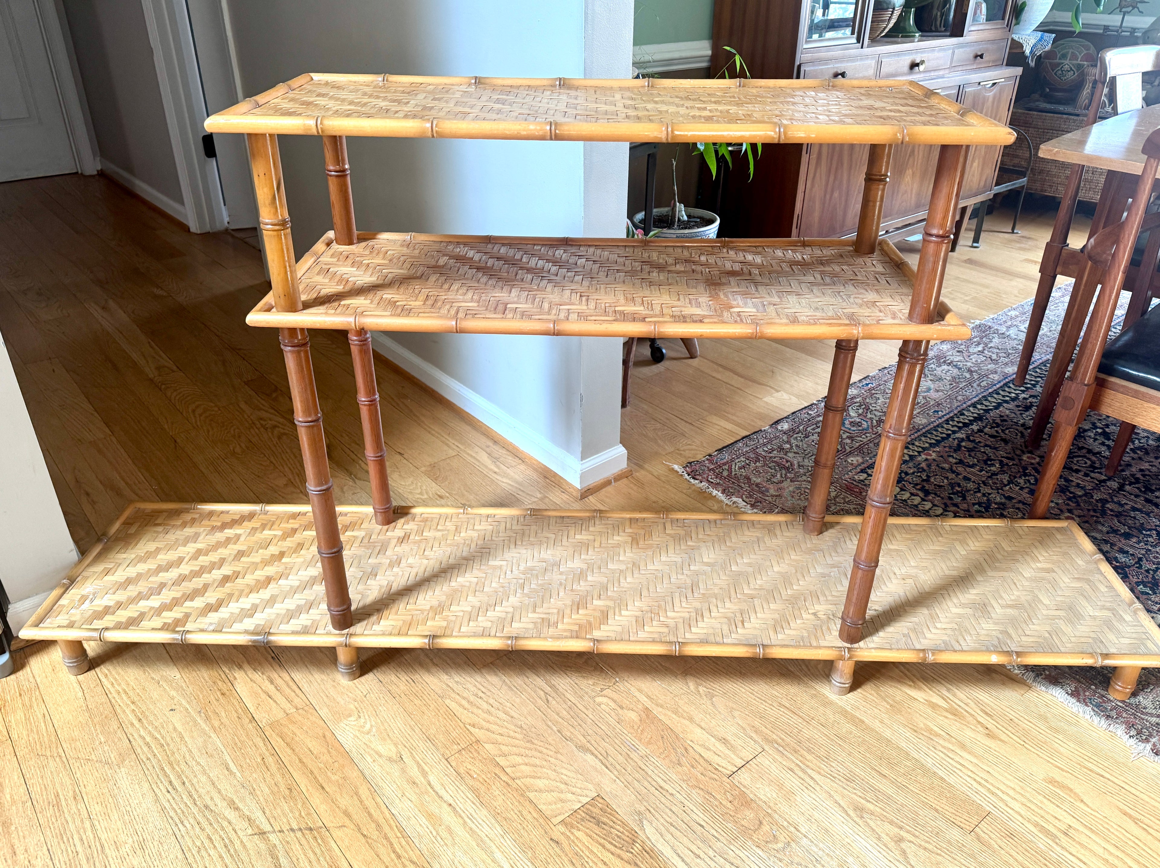 1960s Three Tiered Bamboo and Rattan Console Shelf | Clipper Industries Etagere Console Table