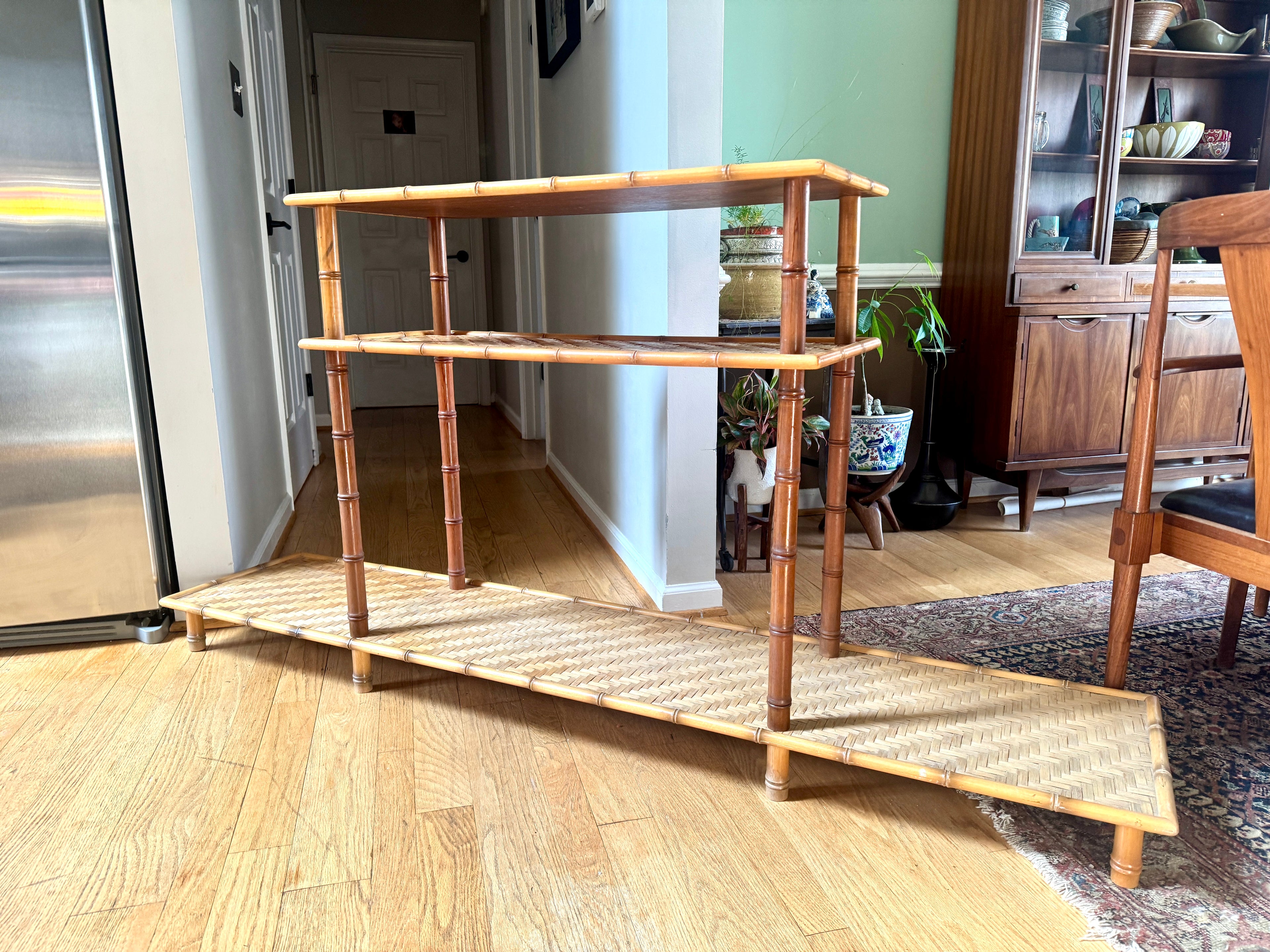 1960s Three Tiered Bamboo and Rattan Console Shelf | Clipper Industries Etagere Console Table
