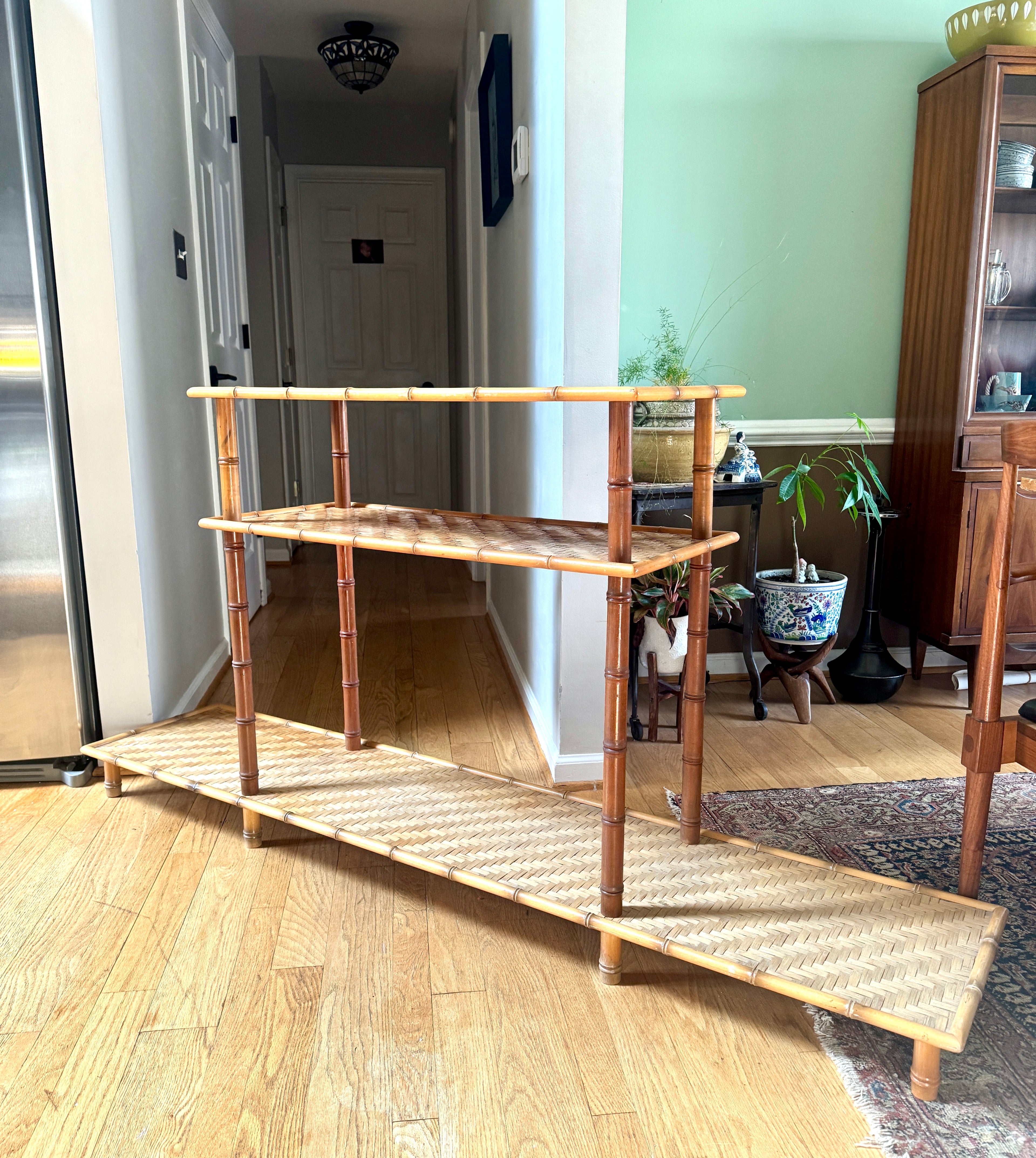 1960s Three Tiered Bamboo and Rattan Console Shelf | Clipper Industries Etagere Console Table
