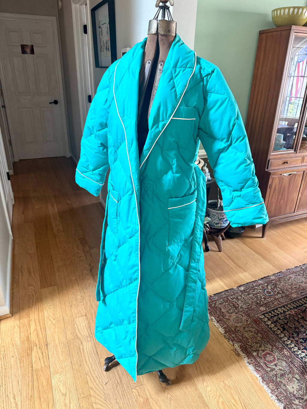 80s Eddie Bauer Goose Down Robe | Teal Sleeping Bag Robe with White Piping