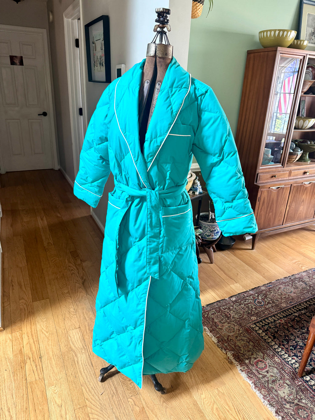 80s Eddie Bauer Goose Down Robe | Teal Sleeping Bag Robe with White Piping