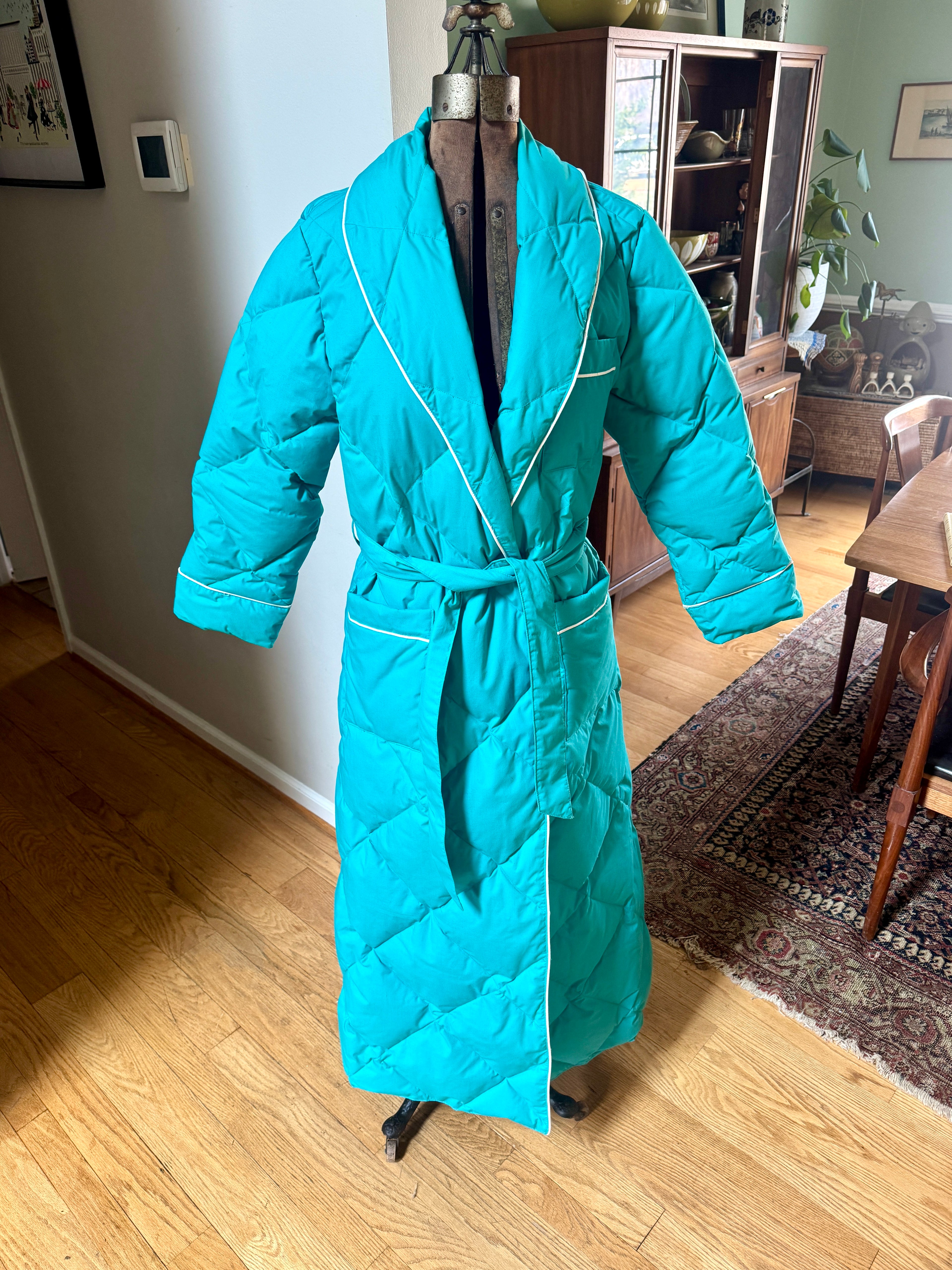 80s Eddie Bauer Goose Down Robe | Teal Sleeping Bag Robe with White Piping