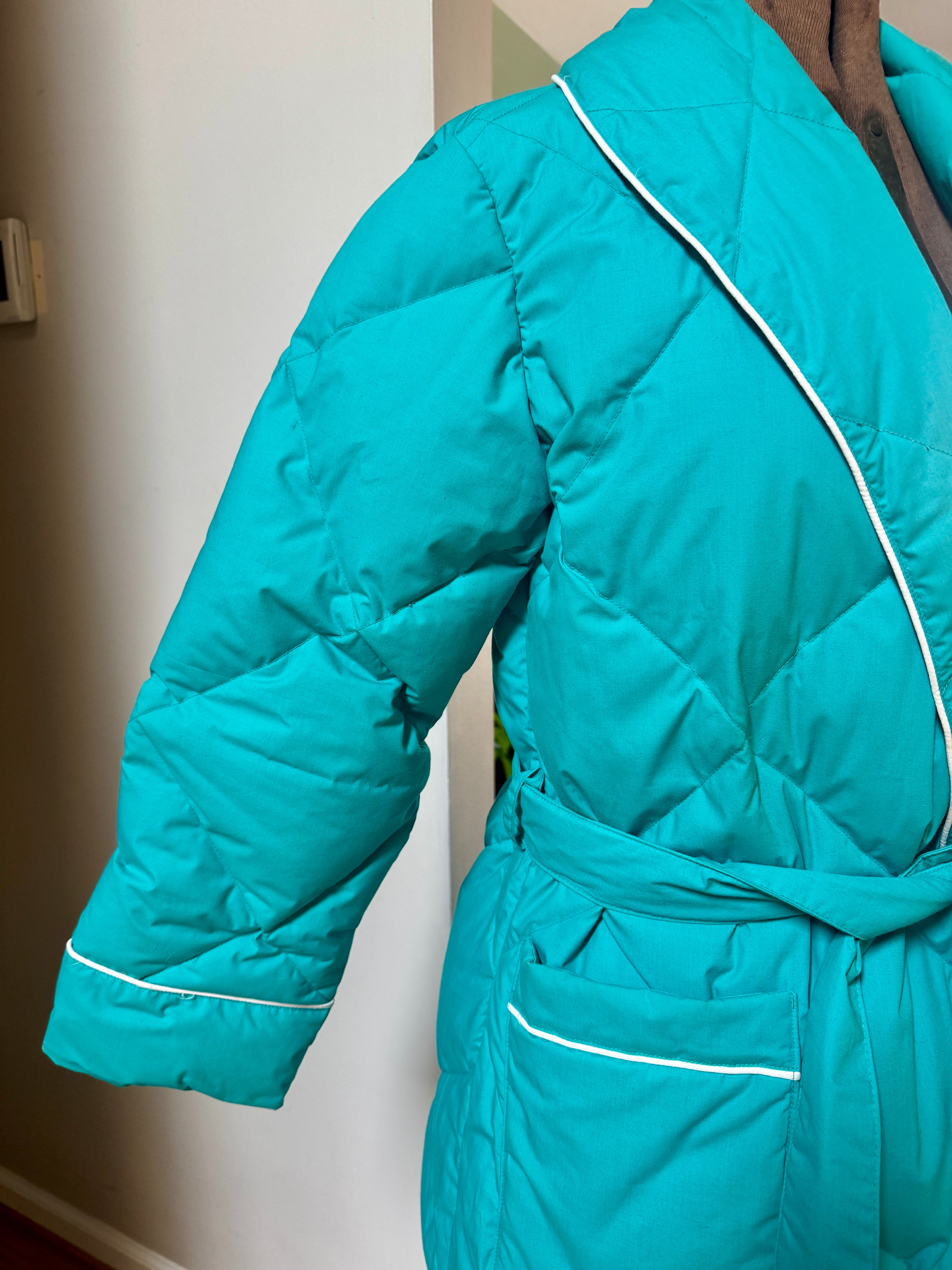 80s Eddie Bauer Goose Down Robe | Teal Sleeping Bag Robe with White Piping