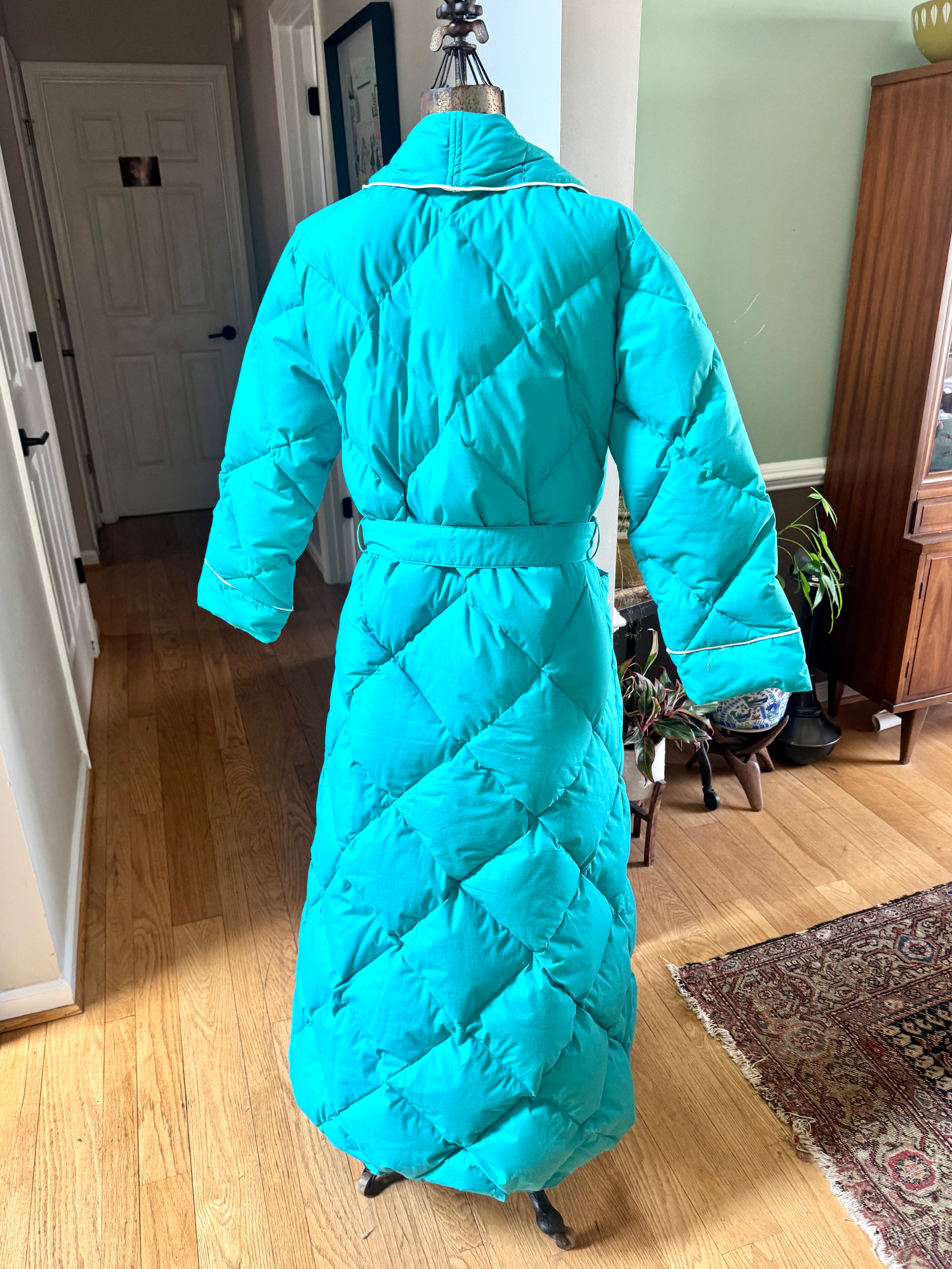80s Eddie Bauer Goose Down Robe | Teal Sleeping Bag Robe with White Piping