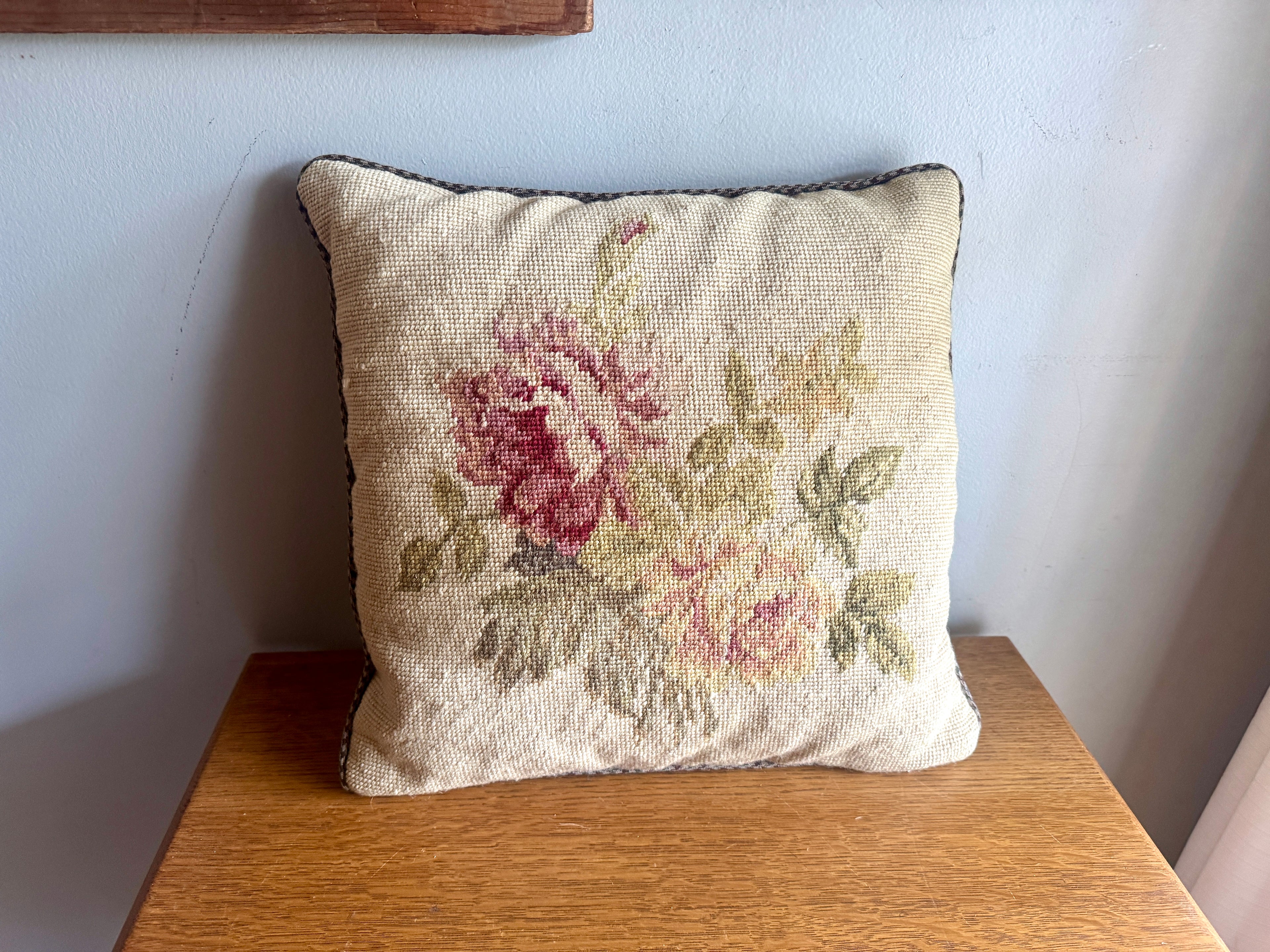 Ralph Lauren Rose Floral Needlepoint Pillow ~ Vtg Lauren Houndstooth Floral Needlepoint 14" Throw Pillow