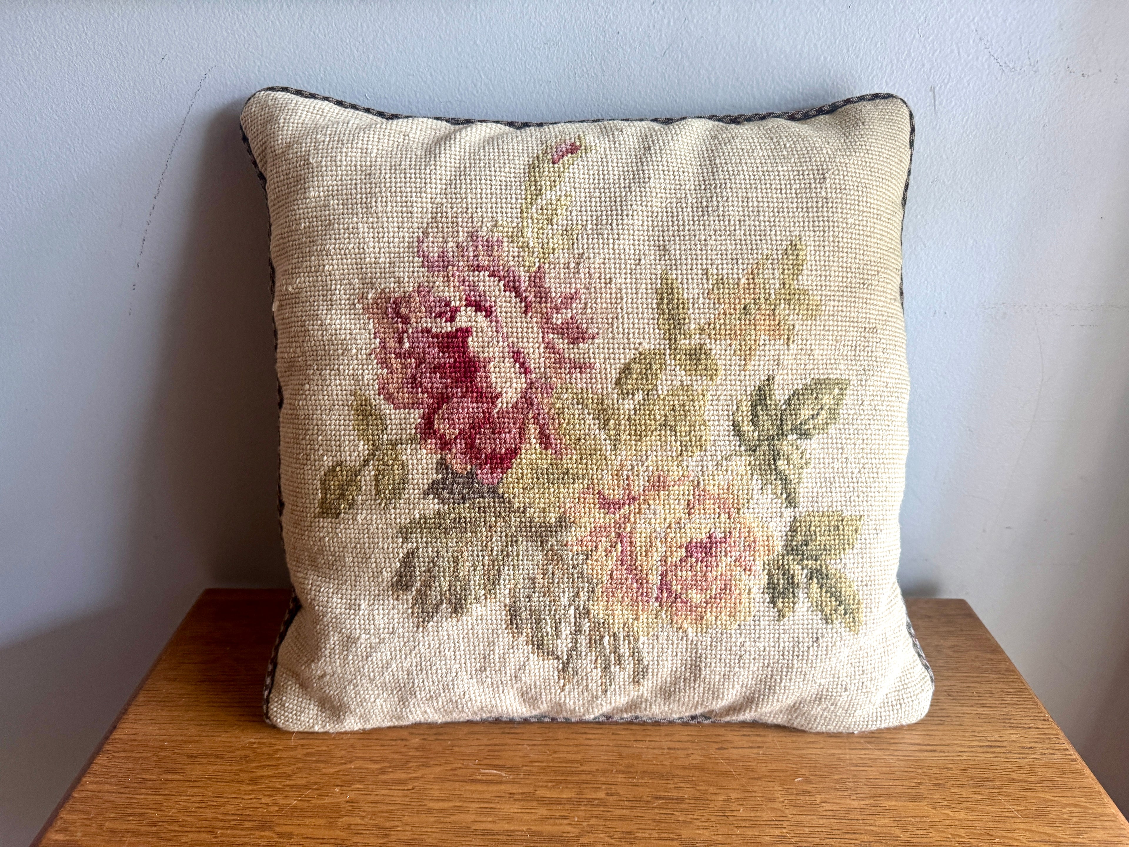 Ralph Lauren Rose Floral Needlepoint Pillow ~ Vtg Lauren Houndstooth Floral Needlepoint 14" Throw Pillow