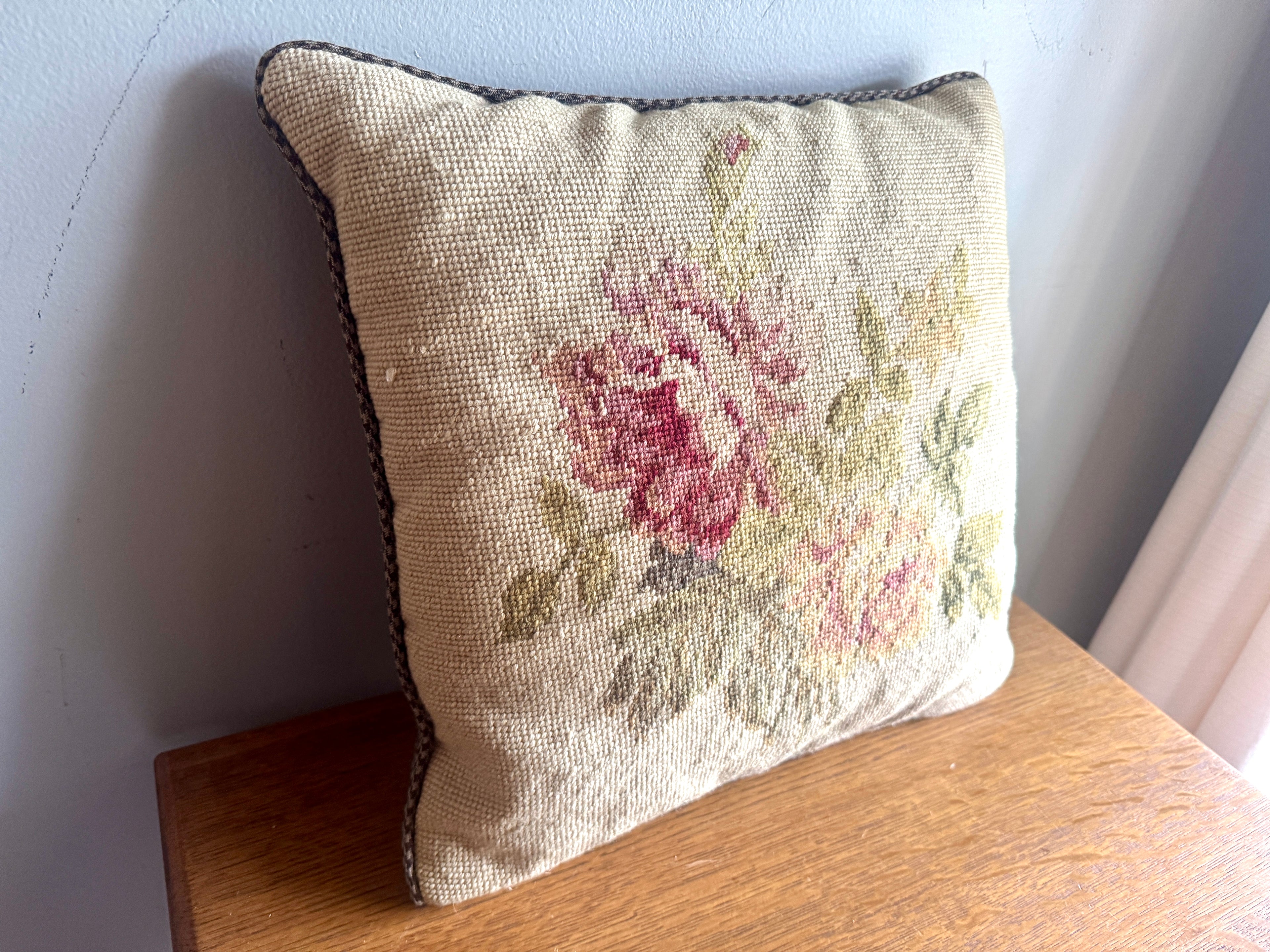 Ralph Lauren Rose Floral Needlepoint Pillow ~ Vtg Lauren Houndstooth Floral Needlepoint 14" Throw Pillow