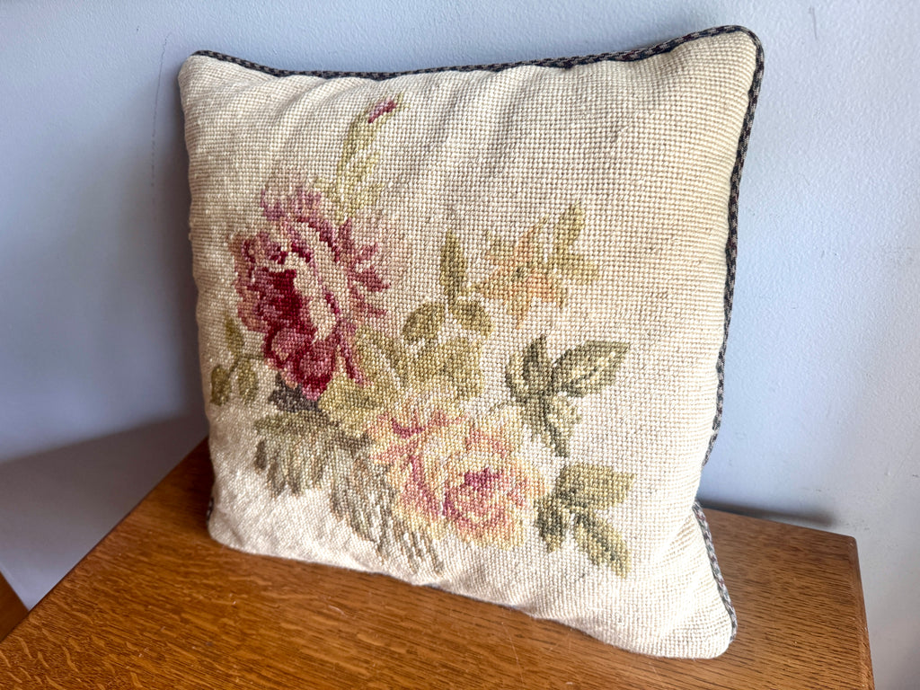 Ralph Lauren Rose Floral Needlepoint Pillow ~ Vtg Lauren Houndstooth Floral Needlepoint 14" Throw Pillow