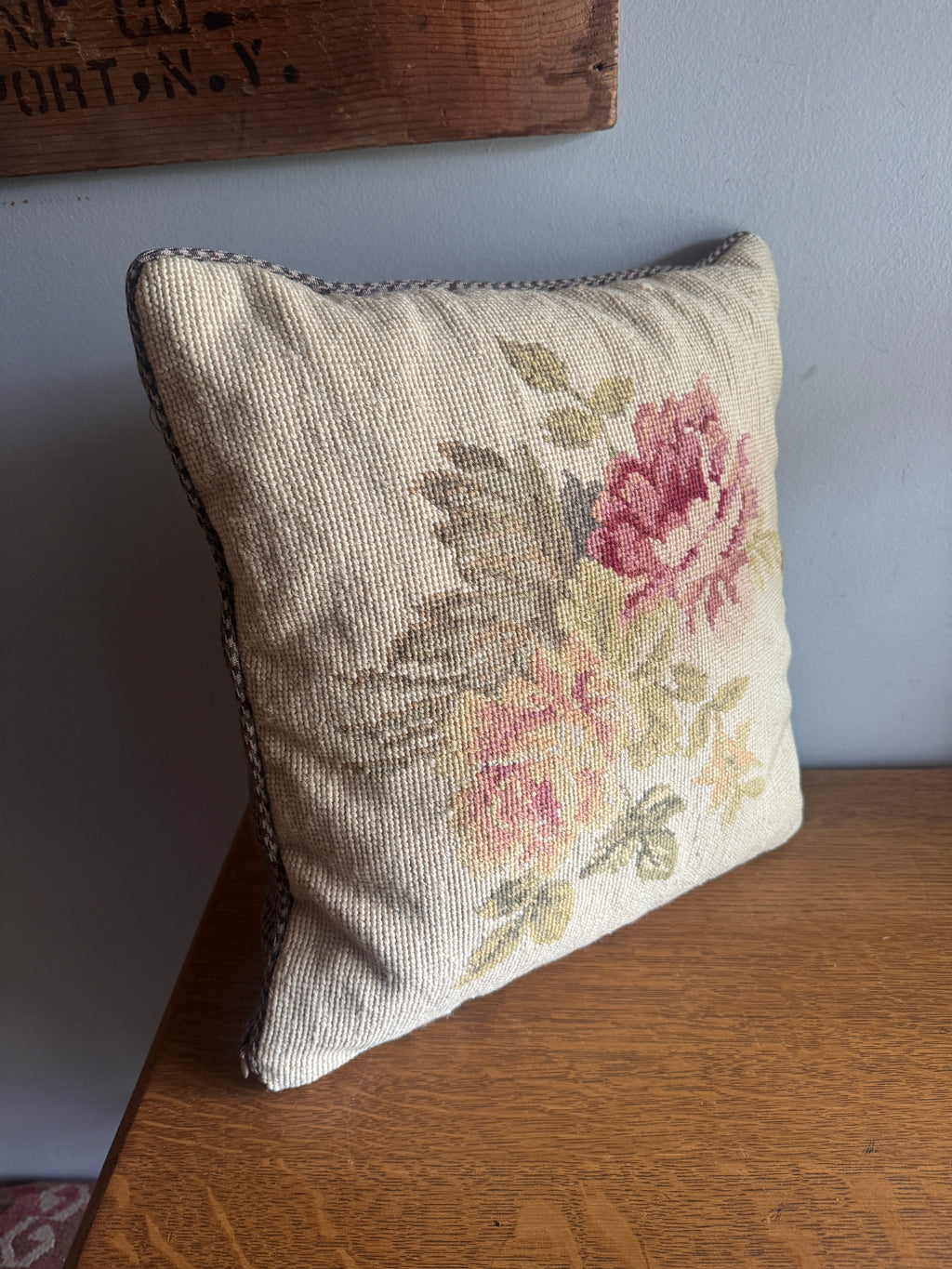 Ralph Lauren Rose Floral Needlepoint Pillow ~ Vtg Lauren Houndstooth Floral Needlepoint 14" Throw Pillow
