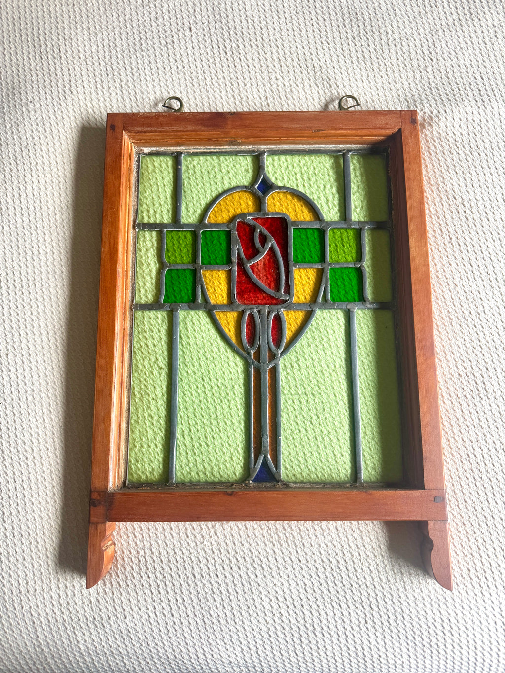 Antique Leaded Stained Glass Window | English Stained Glass Framed Panel | Floral Design Leaded Stained Glass Panel | Late 1800's early 1900's