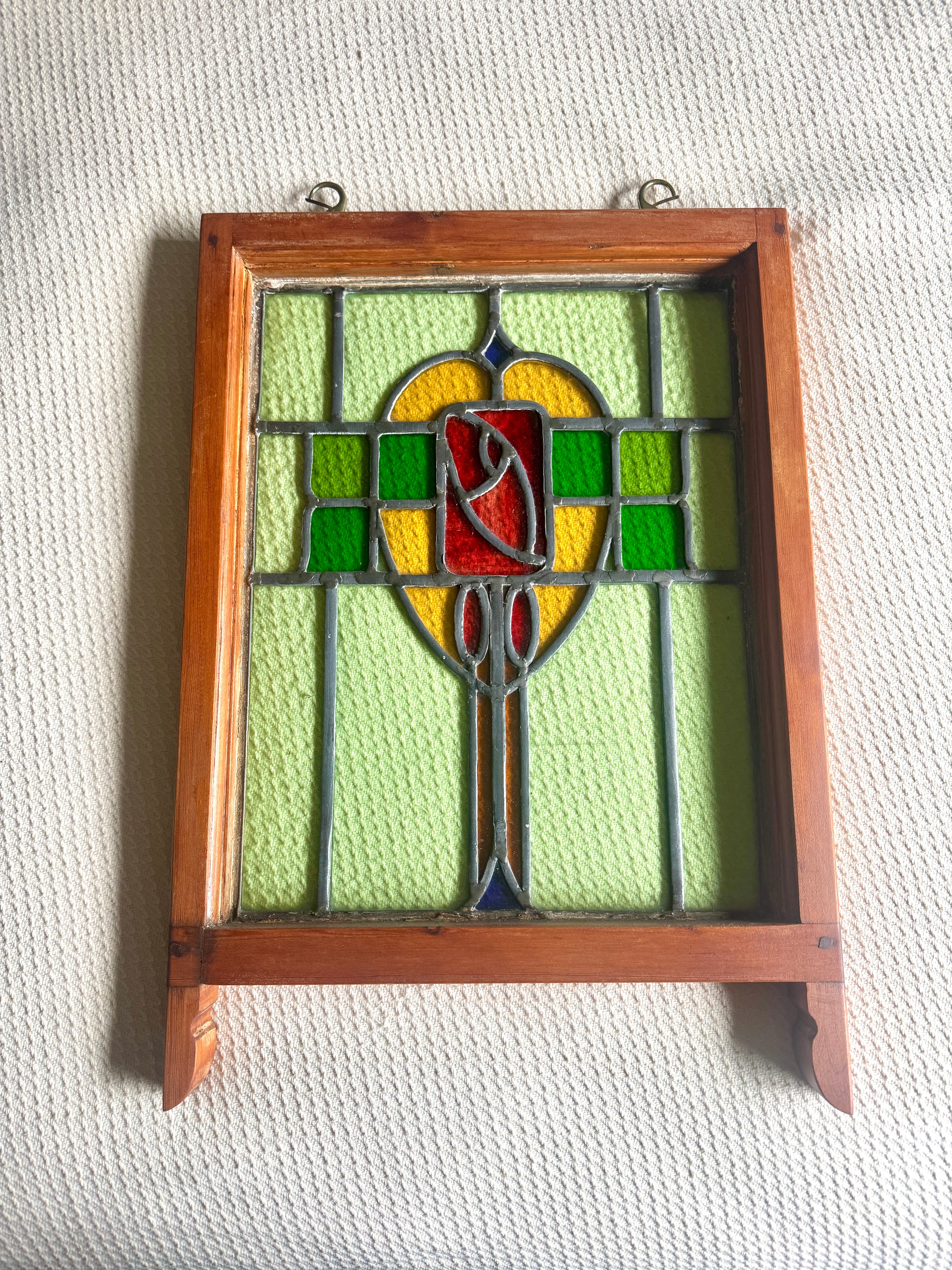 Antique Leaded Stained Glass Window | English Stained Glass Framed Panel | Floral Design Leaded Stained Glass Panel | Late 1800's early 1900's