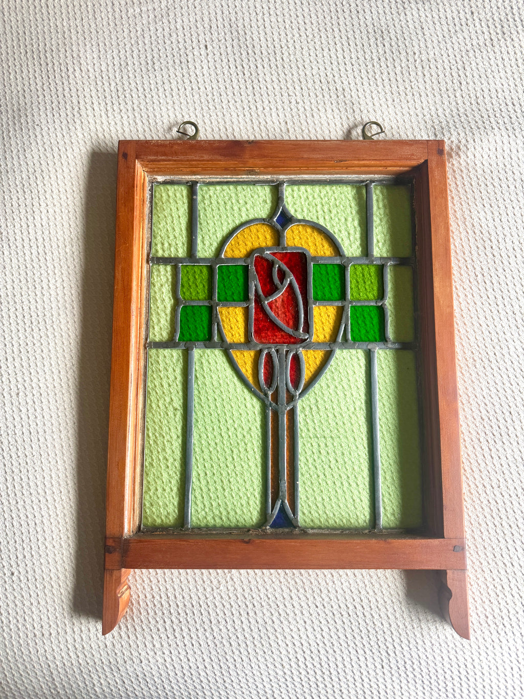 Antique Leaded Stained Glass Window | English Stained Glass Framed Panel | Floral Design Leaded Stained Glass Panel | Late 1800's early 1900's
