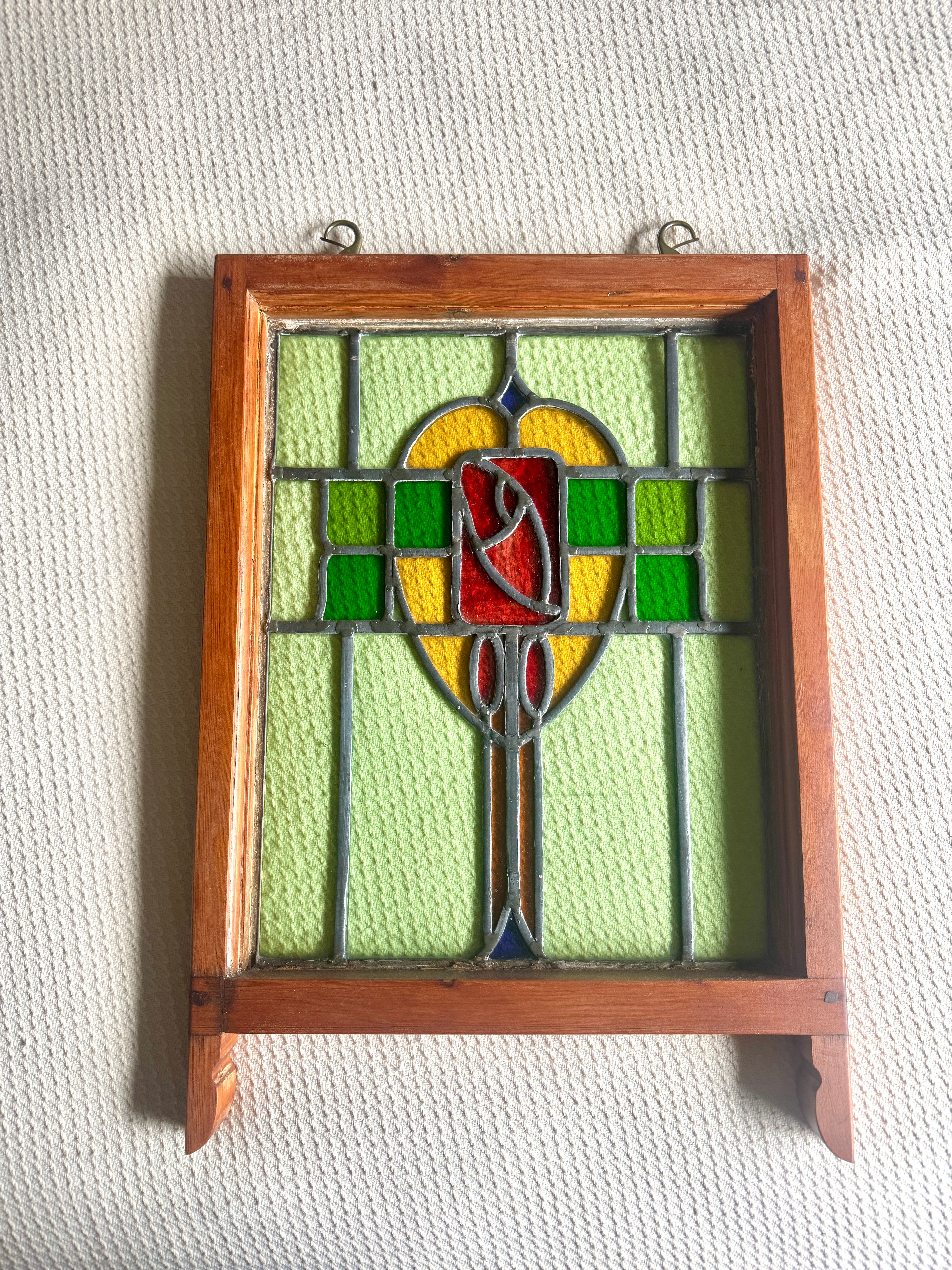 Antique Leaded Stained Glass Window | English Stained Glass Framed Panel | Floral Design Leaded Stained Glass Panel | Late 1800's early 1900's
