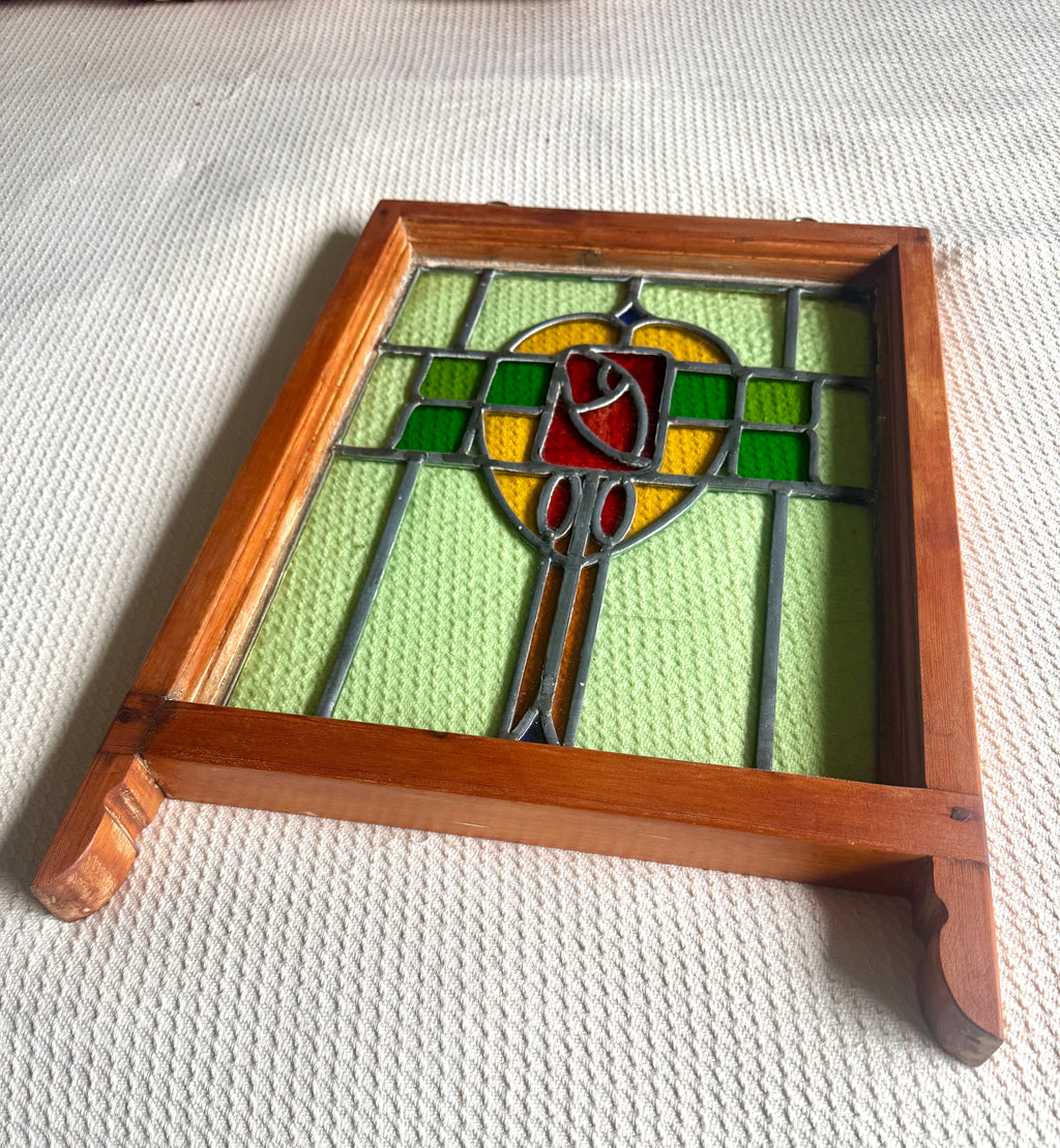 Antique Leaded Stained Glass Window | English Stained Glass Framed Panel | Floral Design Leaded Stained Glass Panel | Late 1800's early 1900's