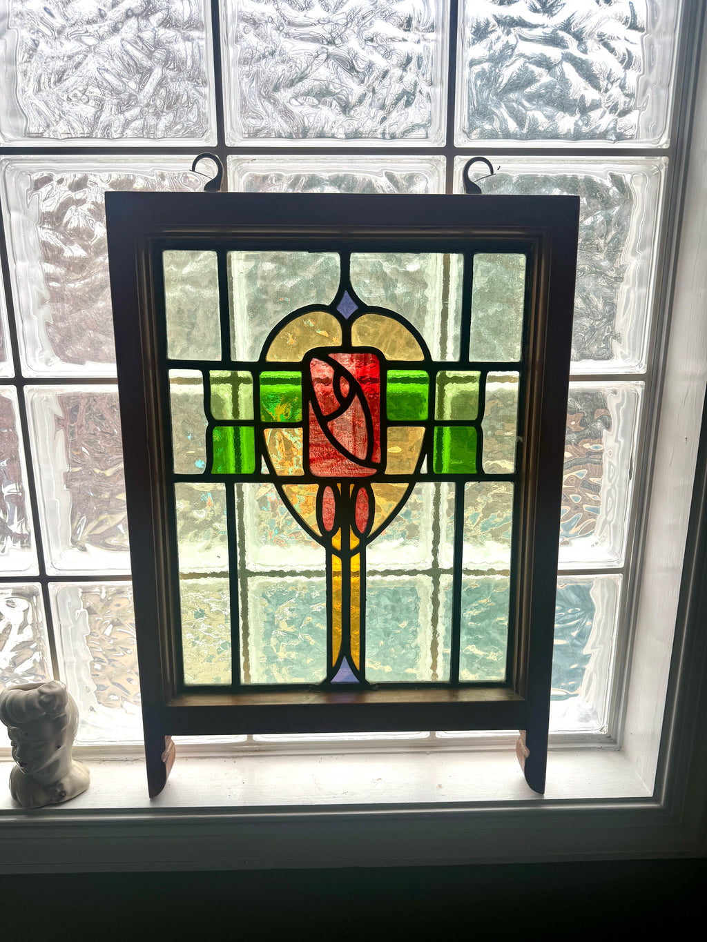 Antique Leaded Stained Glass Window | English Stained Glass Framed Panel | Floral Design Leaded Stained Glass Panel | Late 1800's early 1900's