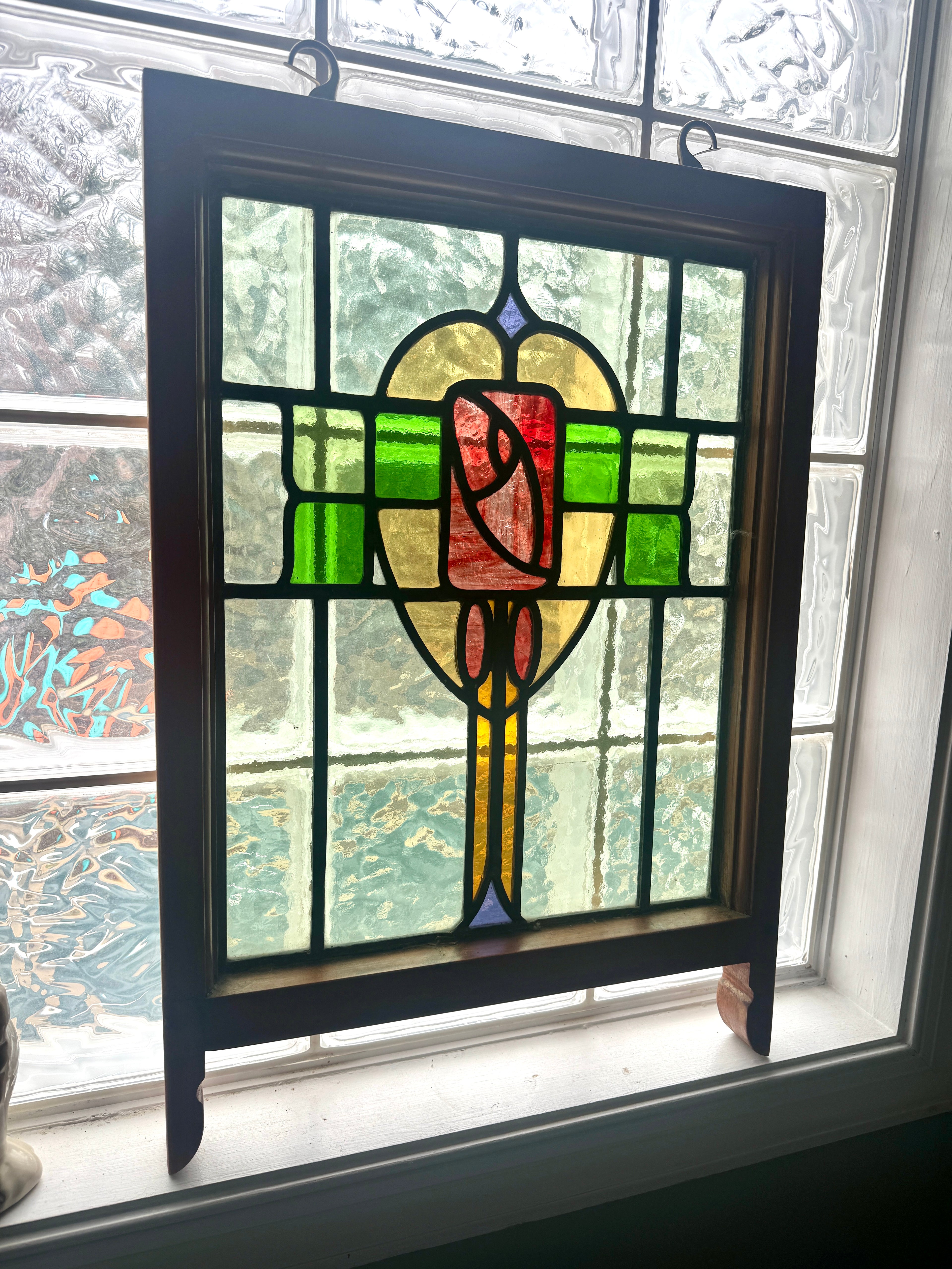 Antique Leaded Stained Glass Window | English Stained Glass Framed Panel | Floral Design Leaded Stained Glass Panel | Late 1800's early 1900's