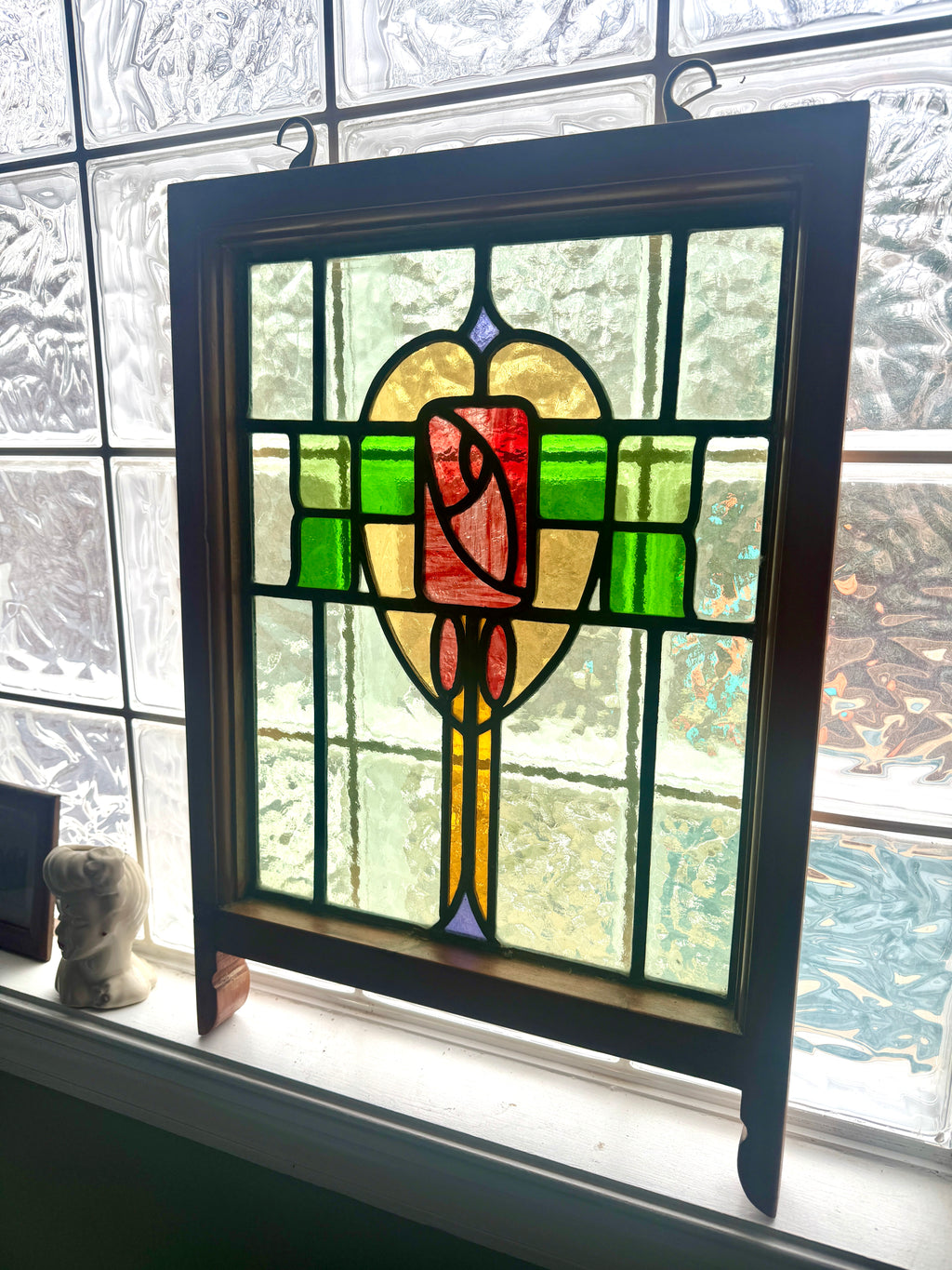 Antique Leaded Stained Glass Window | English Stained Glass Framed Panel | Floral Design Leaded Stained Glass Panel | Late 1800's early 1900's
