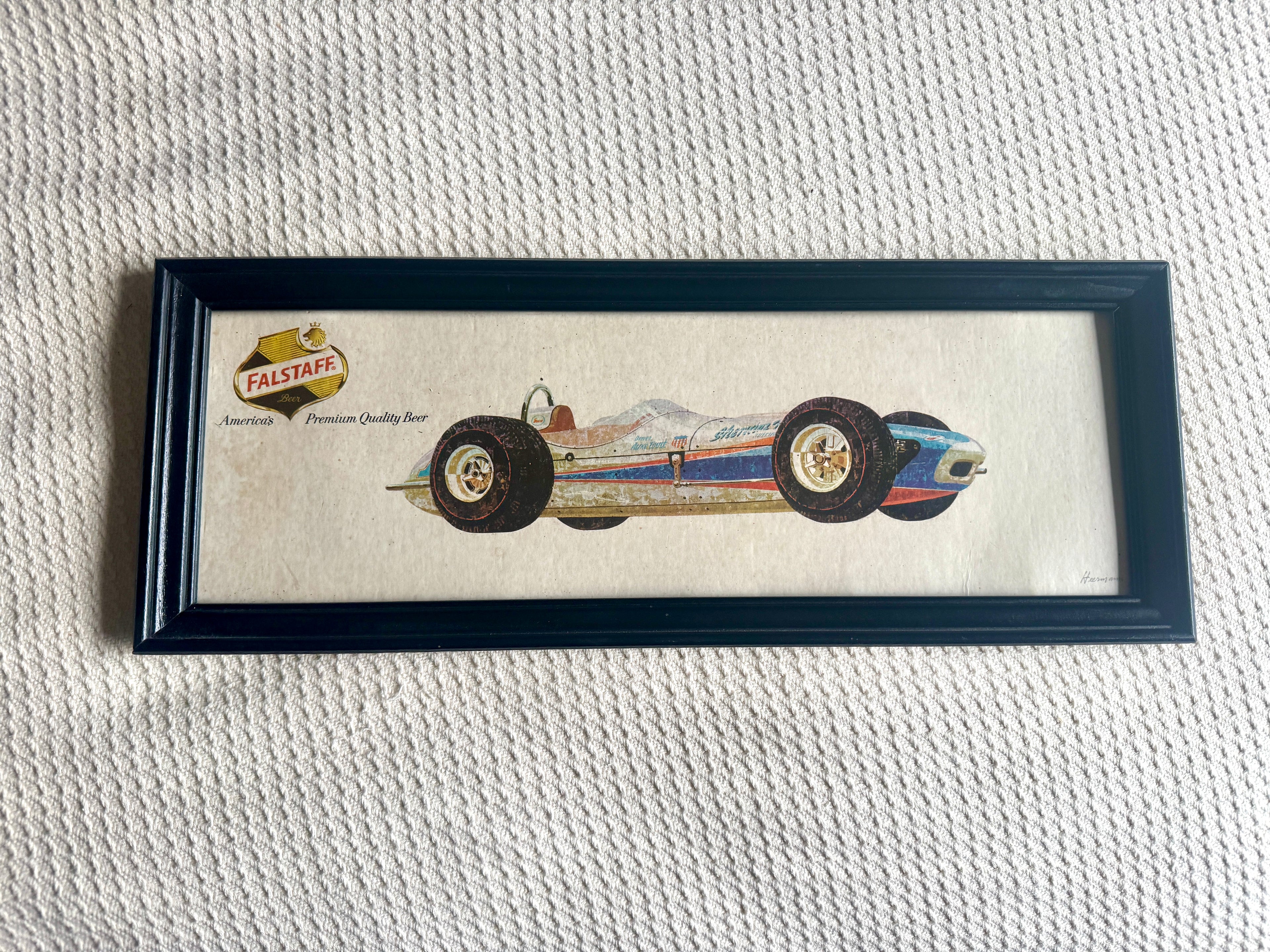1960's Falstaff Beer Indy 500 Promotional Framed Sign ~ Indy Car Falstaff Beer Sign