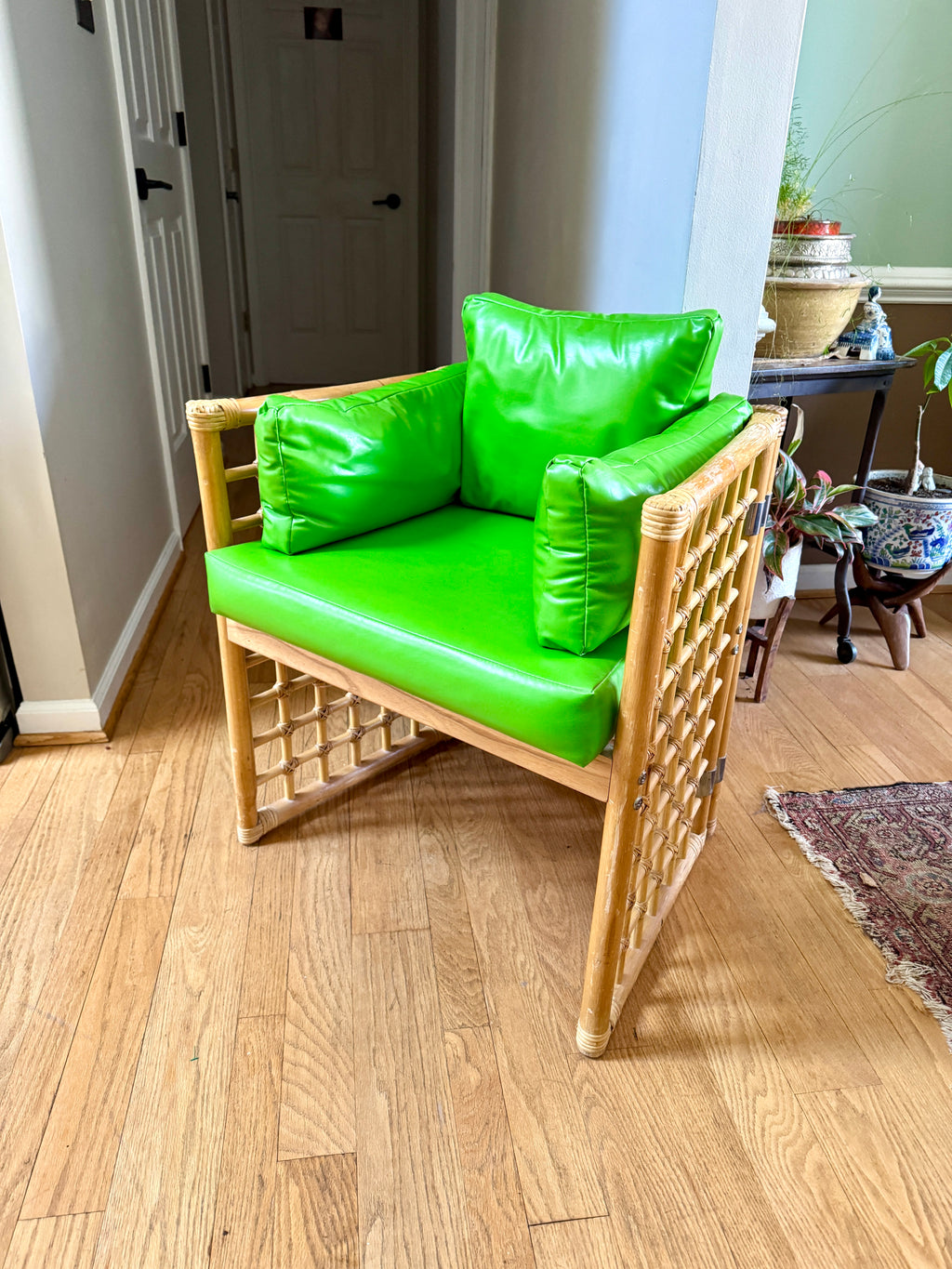 1970's Thayer Coggin Bamboo Chair | Lime Green Vinyl and Bamboo Chair