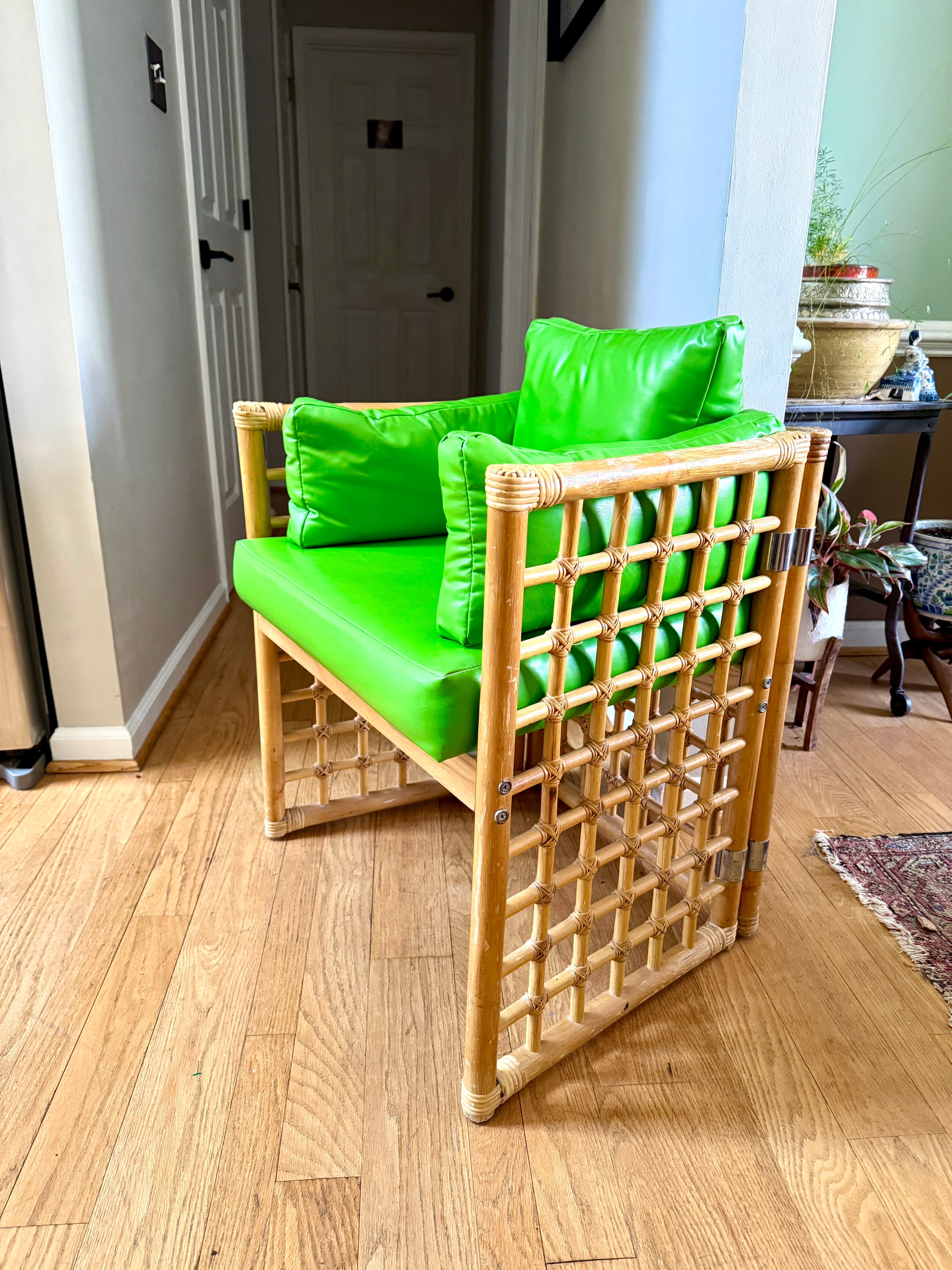 1970's Thayer Coggin Bamboo Chair | Lime Green Vinyl and Bamboo Chair