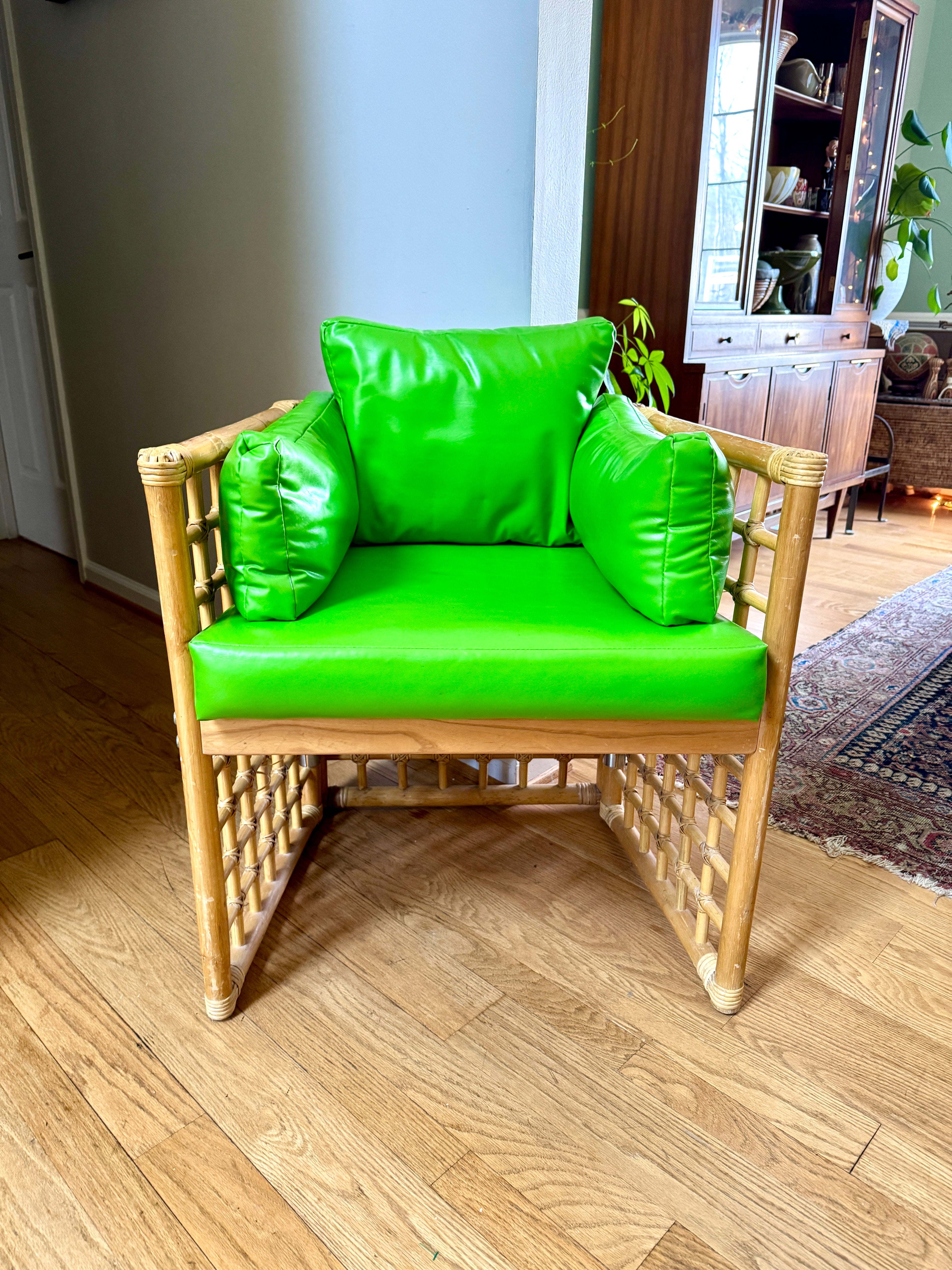 1970's Thayer Coggin Bamboo Chair | Lime Green Vinyl and Bamboo Chair